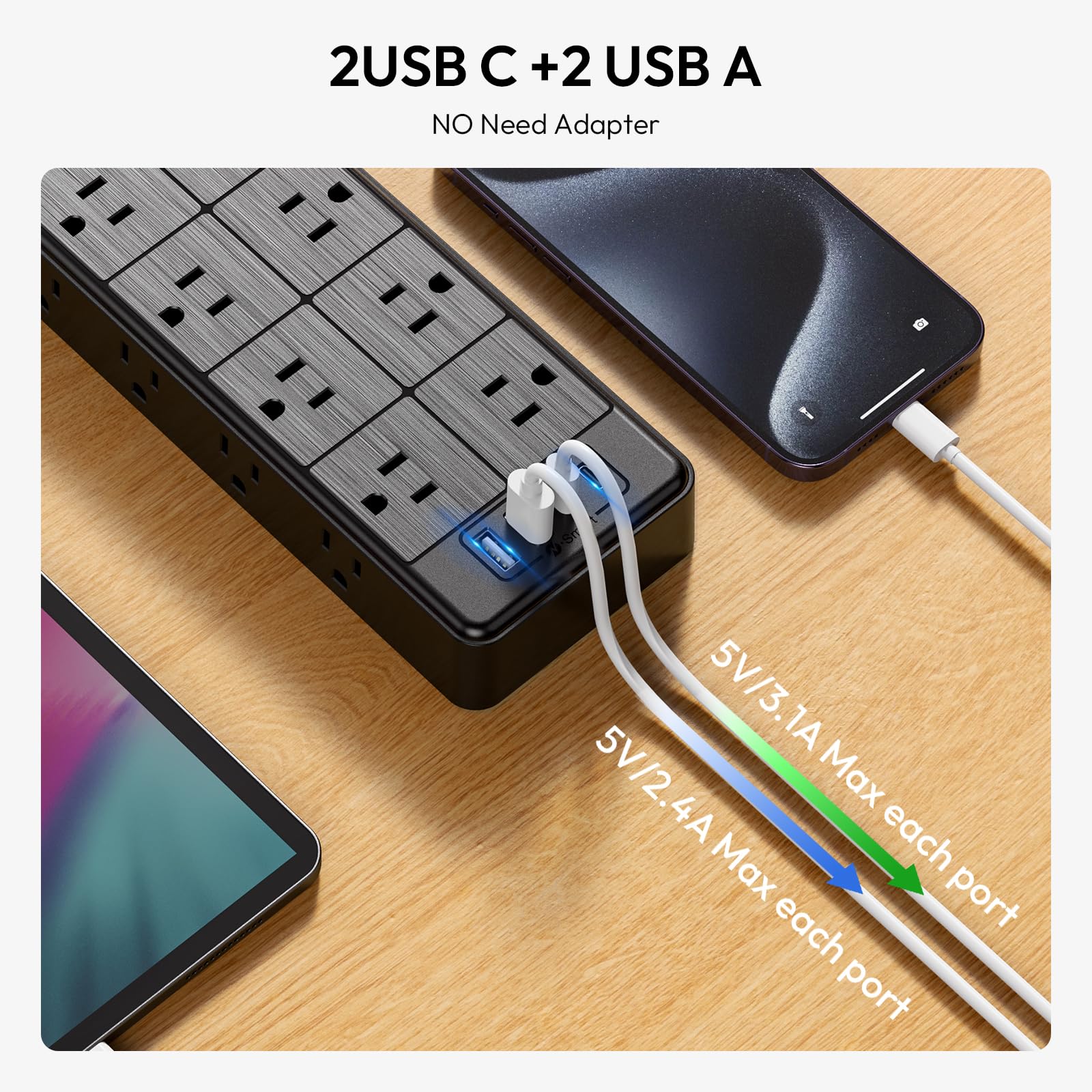 24 Widely Outlets 5 Ft Extension Cord Ntonpower 15A/1875W Power Strips With Surge Protection 4000J,Black Extension Cord Surge Pr