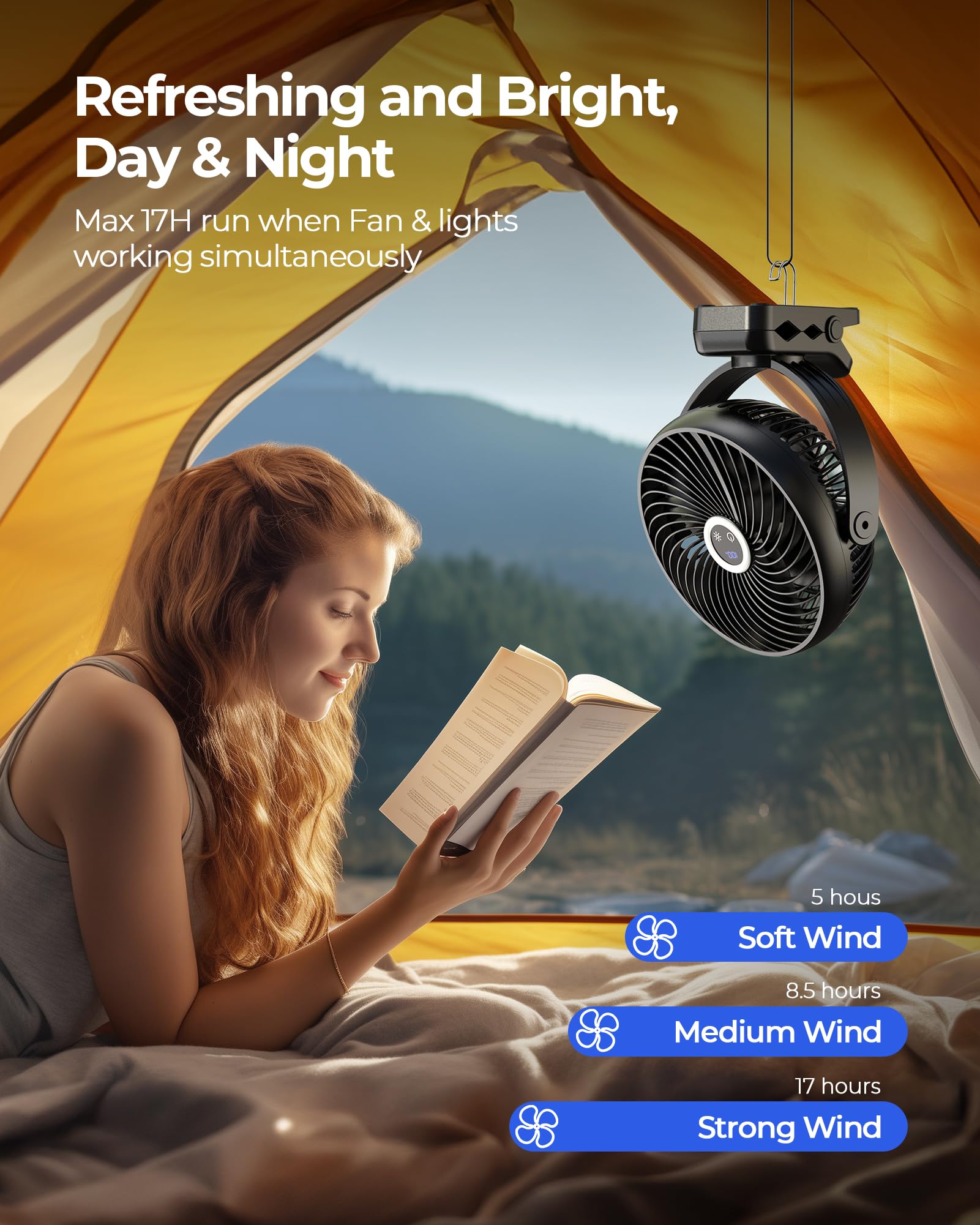 Xasla 10000Mah Portable Clip On Fan With Light, 8 Inch Rechargeable Battery Operated Fan, 24H Long Last, Quiet Personal Camping