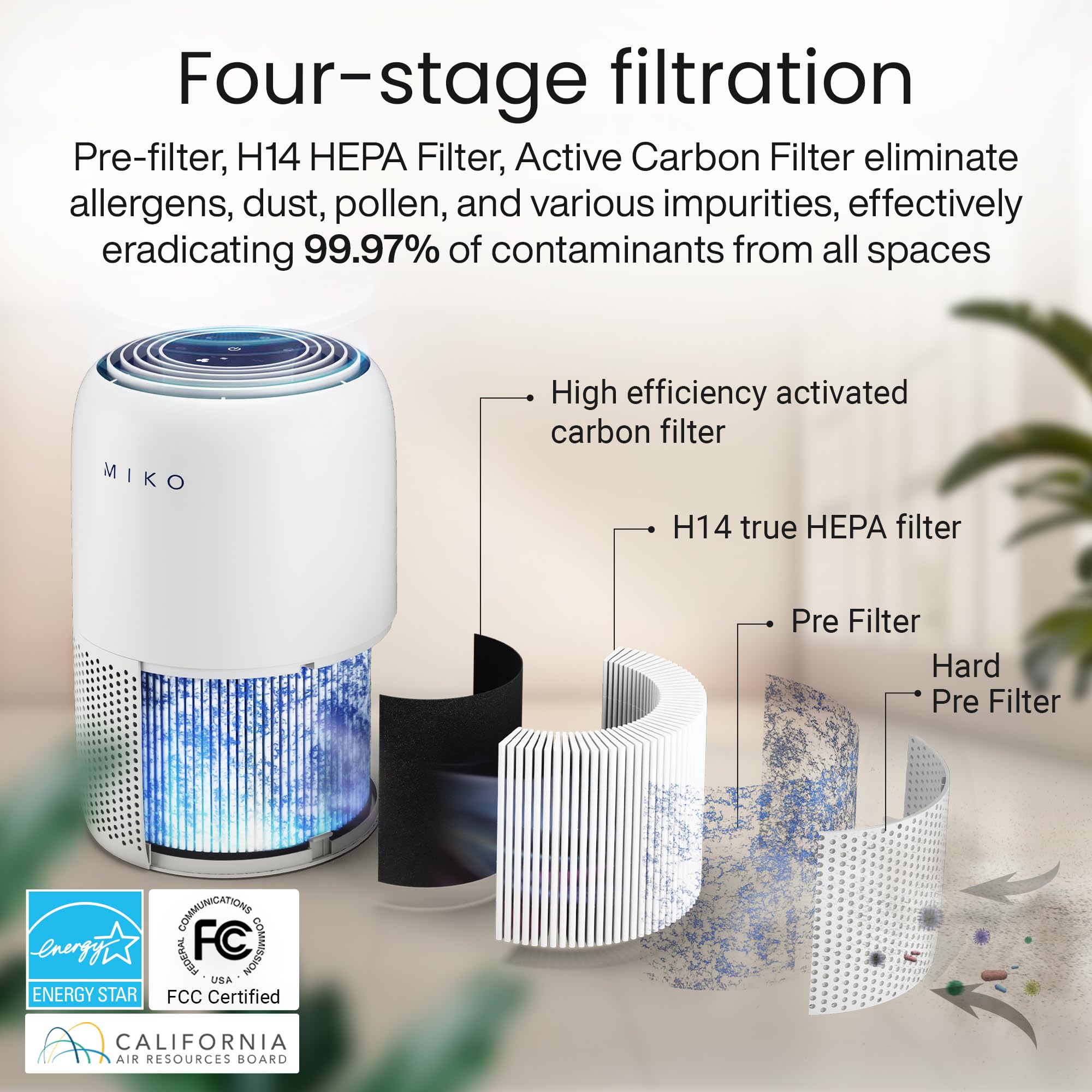 Miko Air Purifier For Bedroom With 3 In 1 Hepa Filter & Sleep Mode, Whisper Quiet, Covers Up To 1200 Ft, Smart Wi Fi App Control