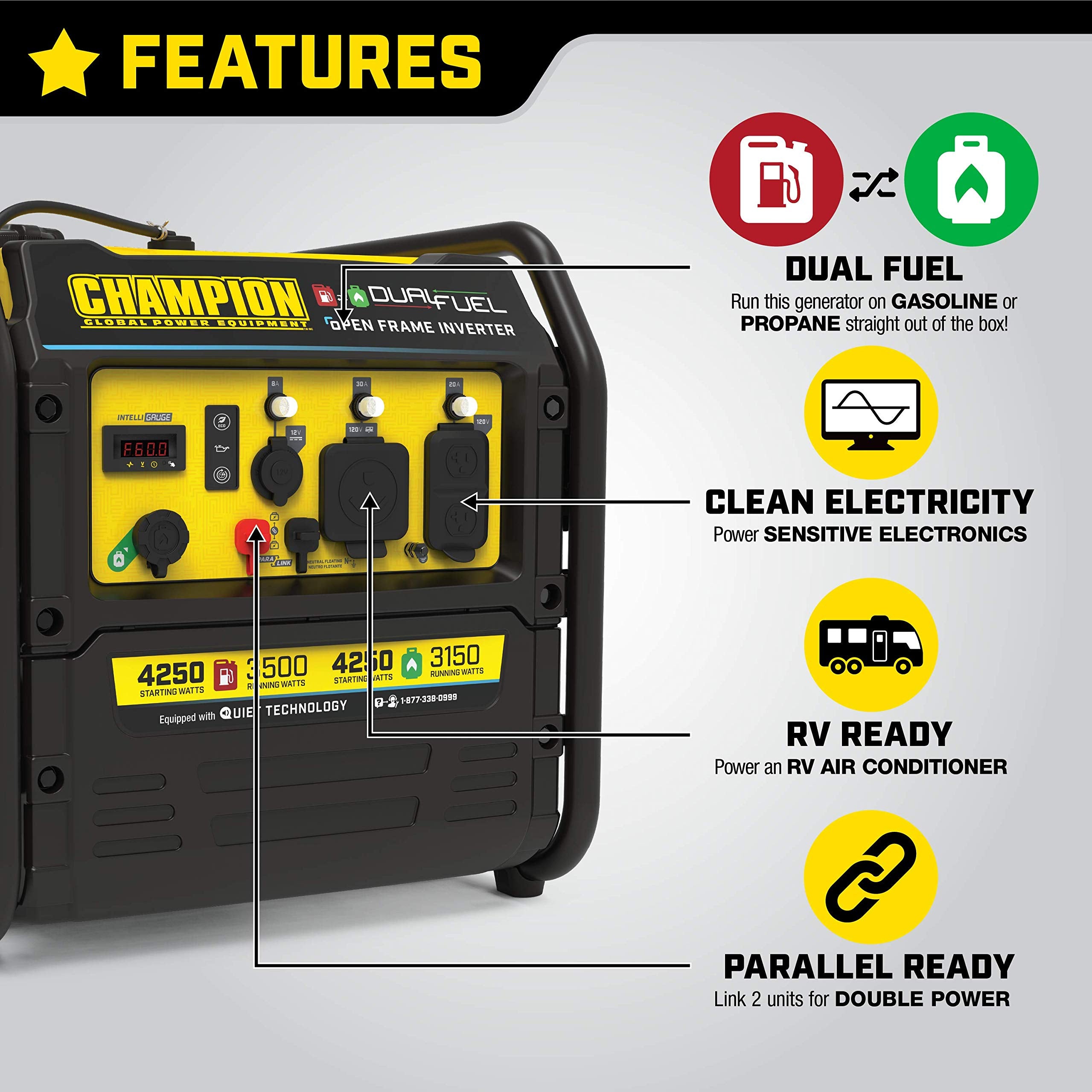 Champion Power Equipment 4250 Watt Dual Fuel Rv Ready Portable Open Frame Inverter Generator With Quiet Technology