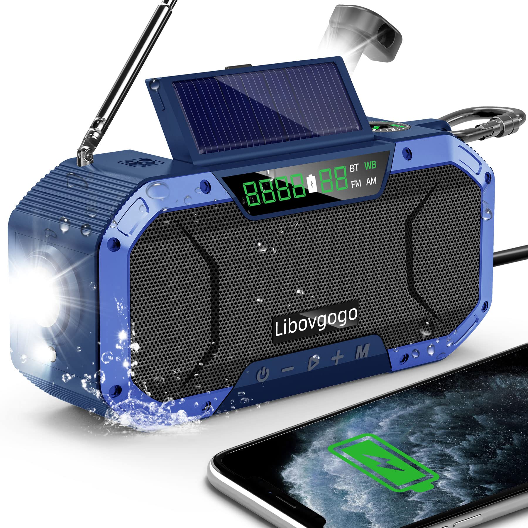 Emergency Radio Waterproof Bluetooth Speaker,Portable Digital AM FM Radio with Flashlight,Reading Lamp,Hand Crank NOAA Weather R