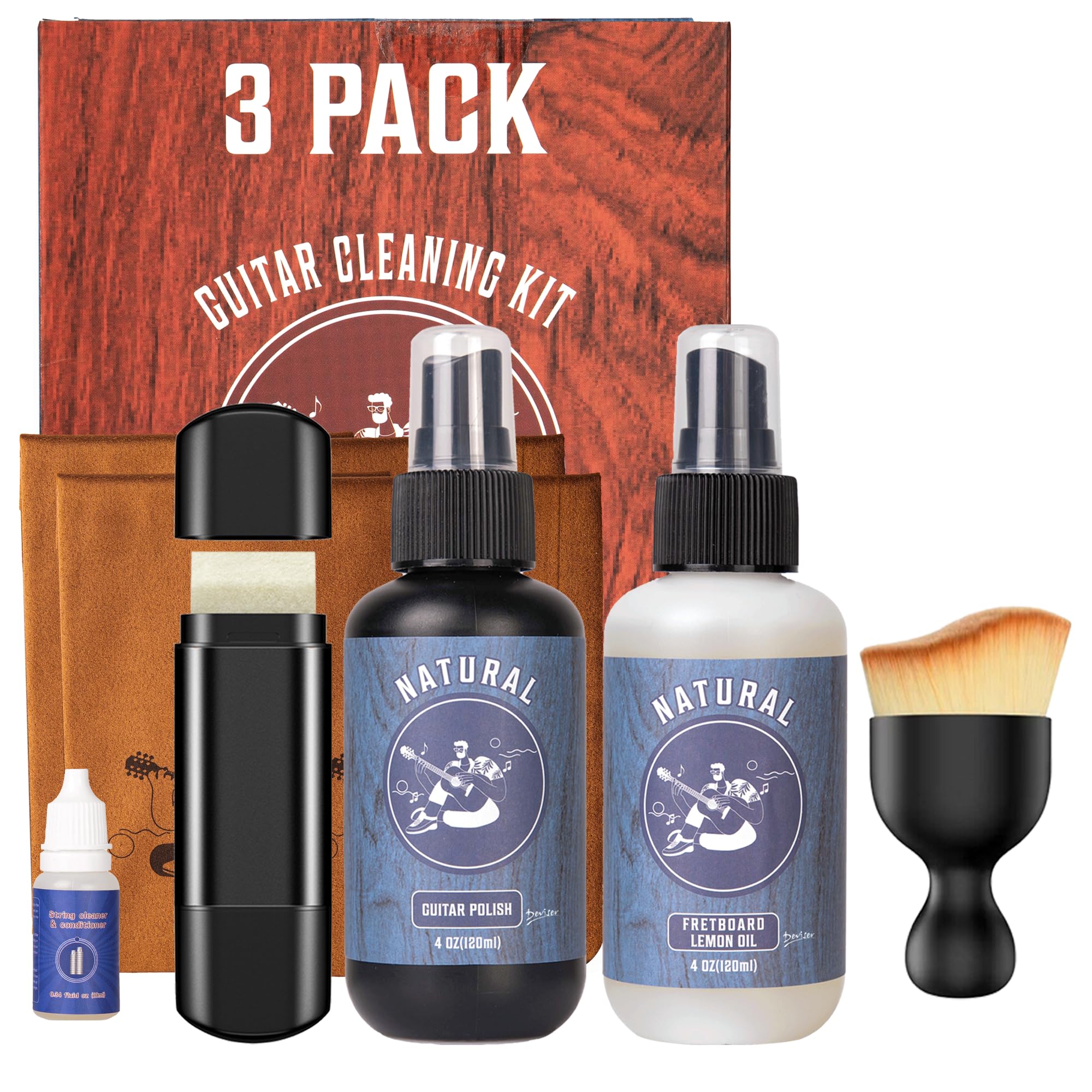 Deviser Guitar Cleaner Spray,All IN ONE Kit 4 OZ,fretboard Lemon oil,Polish,Guitar String-cleaner,Cleaning Brush,Cleaning cloth 