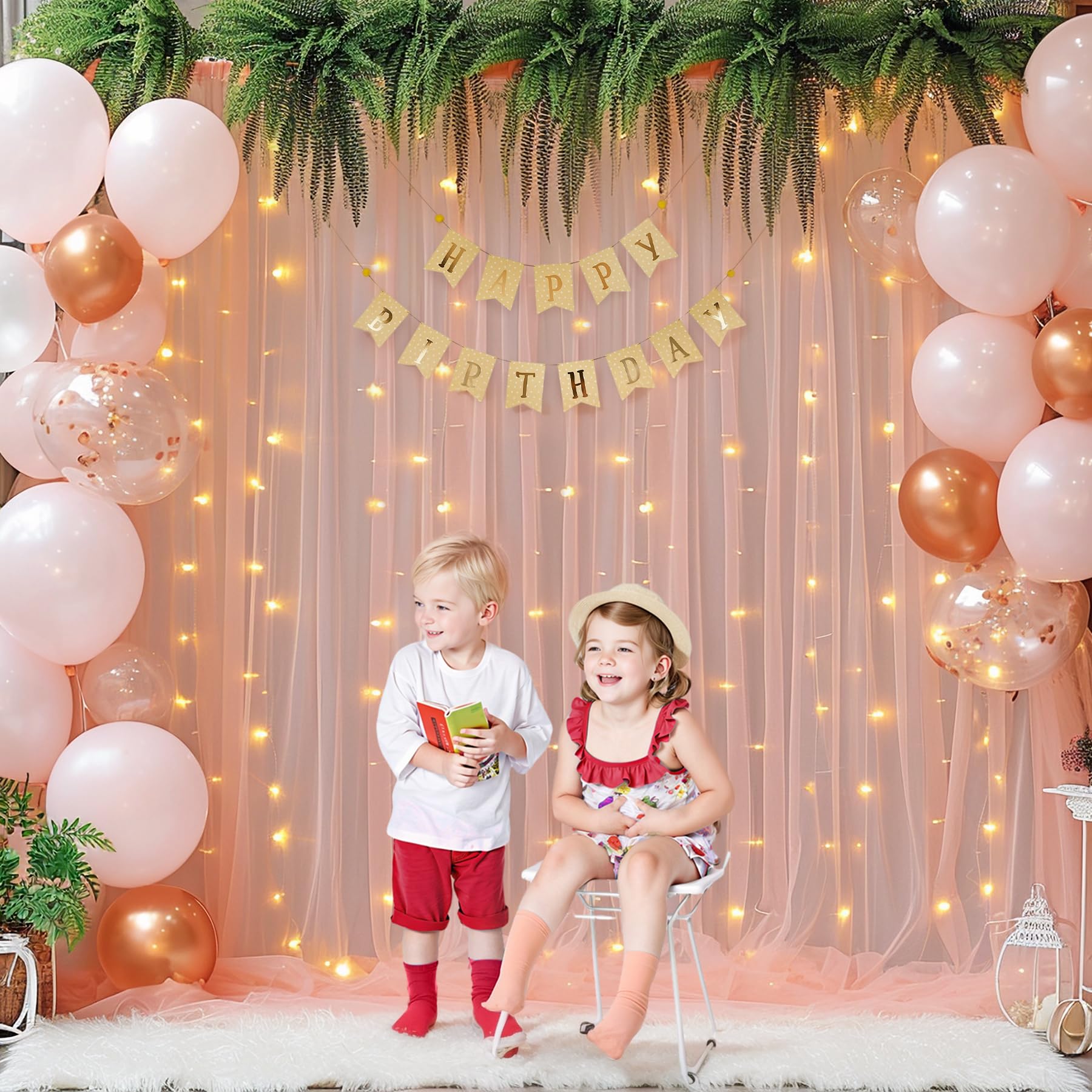 10X10Ft Peach Tulle Backdrop Curtain With Lights String For Parites, Sheer Backdrop Curtains For Wedding Baby Shower Birthday Pa