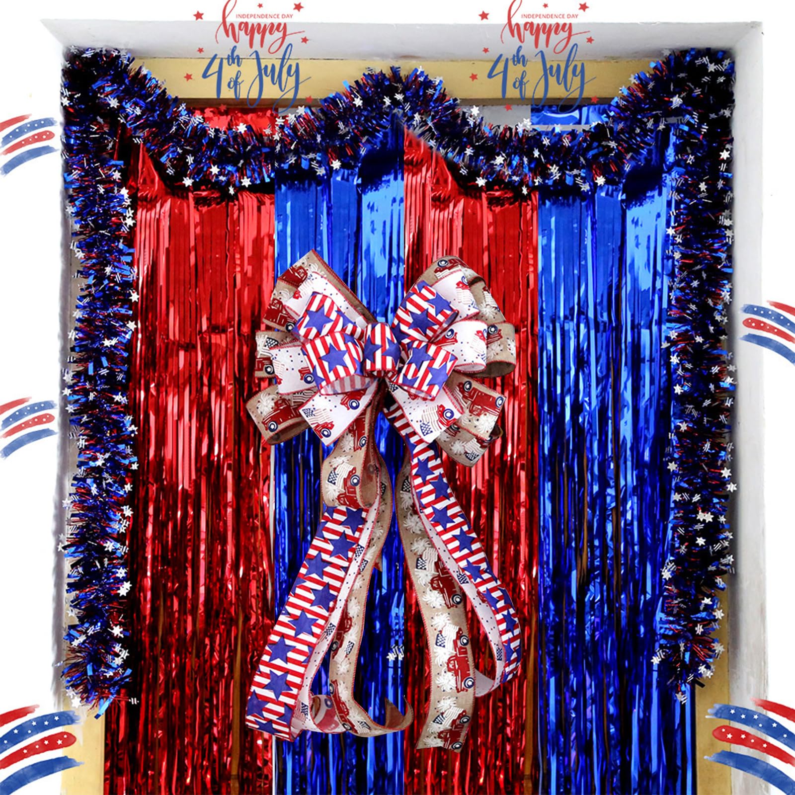 Canrevel 2 Pack 3.3X8.2 Feet Blue And Red Foil Fringe Backdrop Curtains, Tinsel Streamers Birthday Party Decorations, Fringe Bac