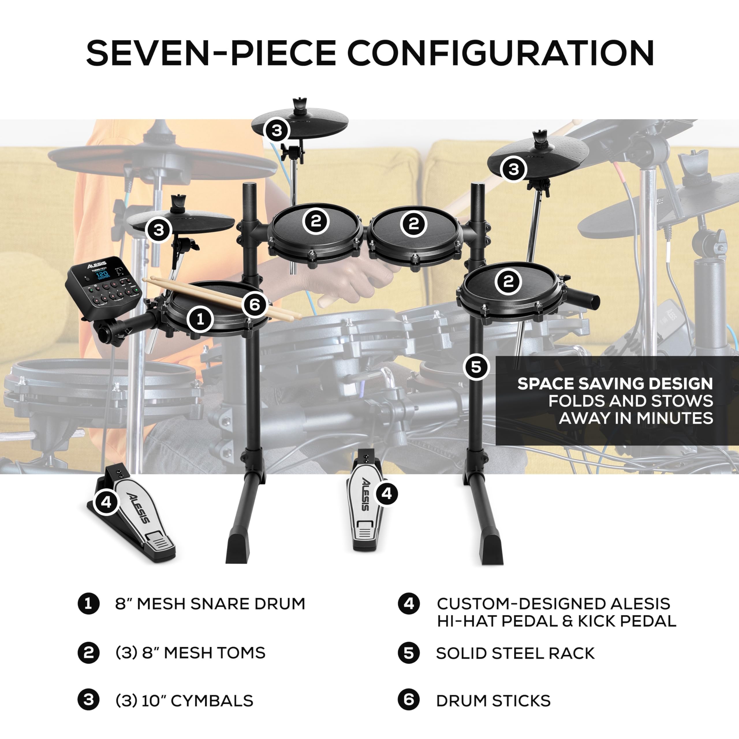 Alesis Turbo Mesh Kit | Seven Piece All Mesh Electronic Drum Kit With Play Along Tracks, Drum Sticks & Drum Key Included