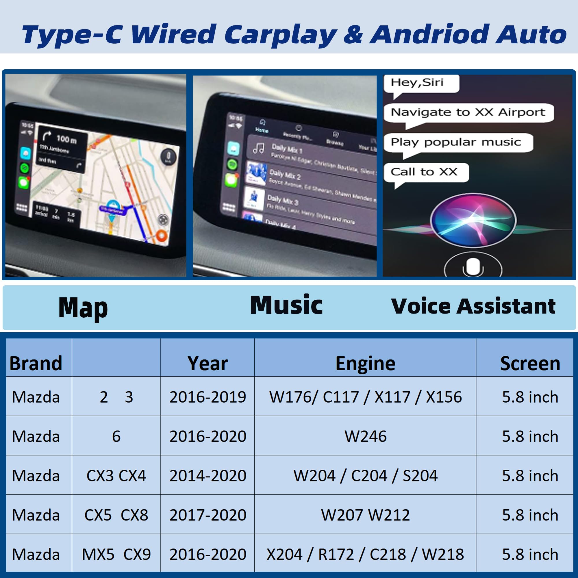 Dasbecan Tk78 66 9U0C Type C Mazda Apple Carplay Android Auto Retrofit Kit Compatible With Mazda 2 3 6 Cx3 Cx5 Cx9 Mx5 2014 2020