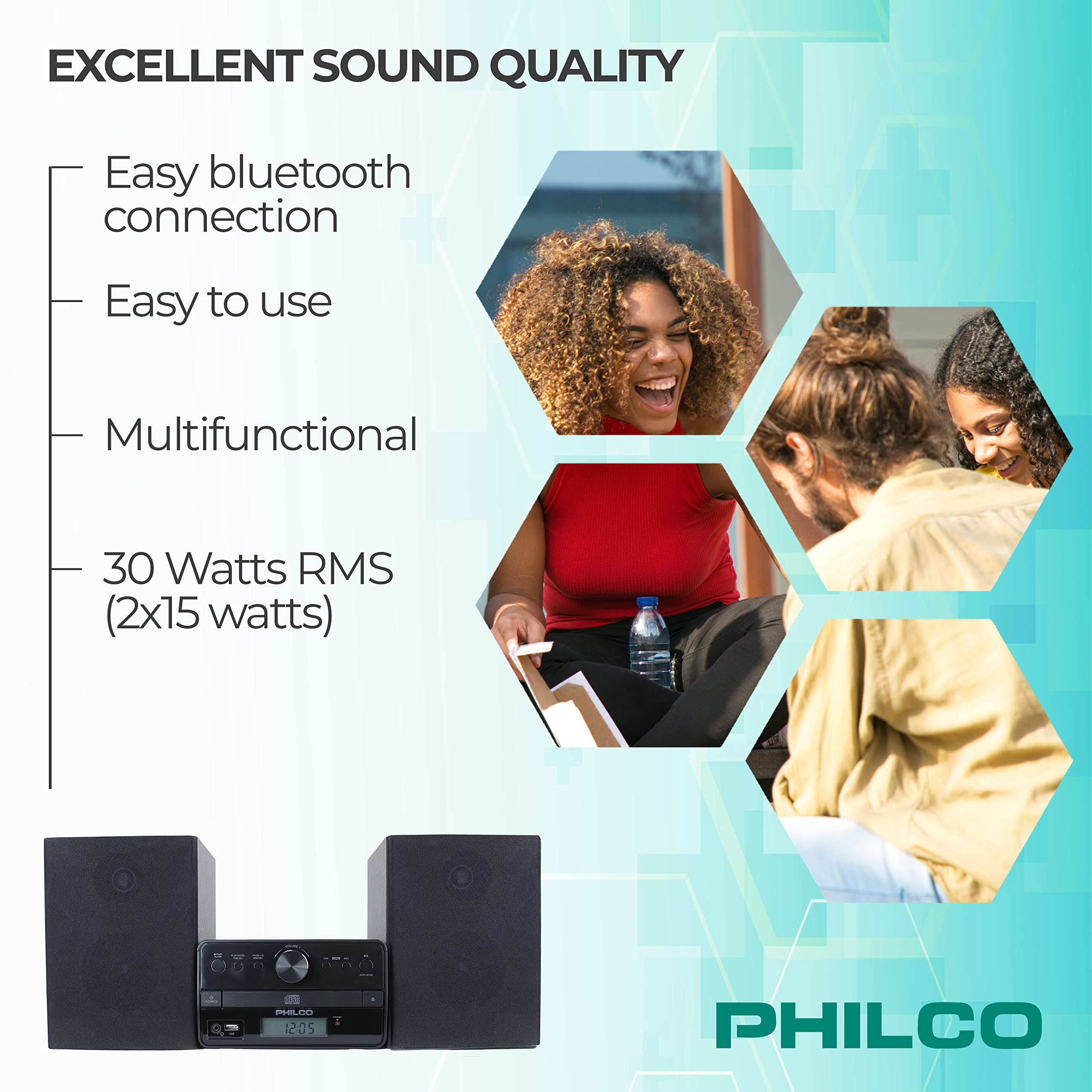 Philco Stereo Shelf Systems Tray Loading Cd Player With Digital Fm Radio, Bluetooth Streaming, Remote Control In Black | Lcd Dis