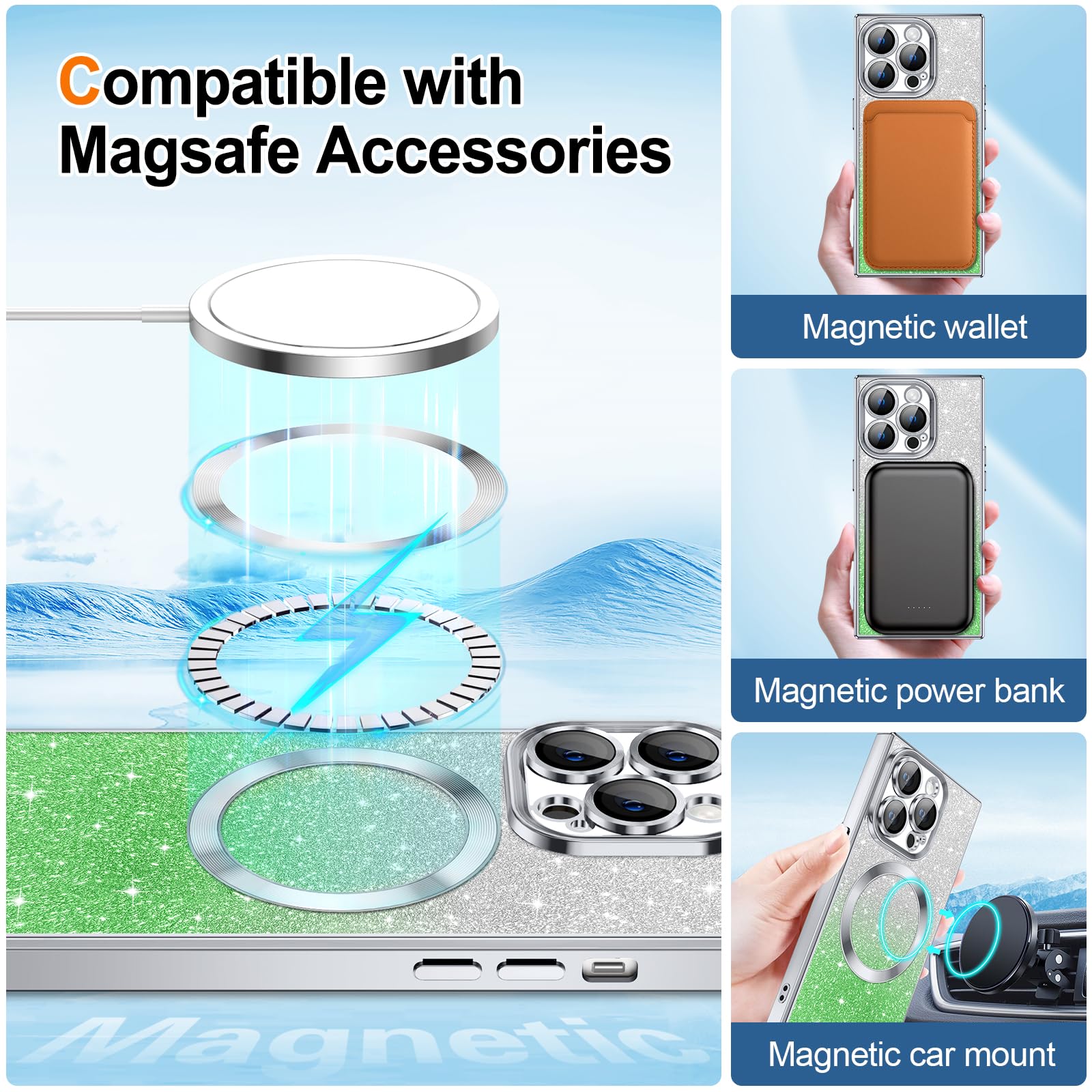 Hython For Iphone 14 Pro Case Clear Magnetic Glitter Phone Cases [Compatible With Magsafe] Full Camera Lens Protector Gradient S