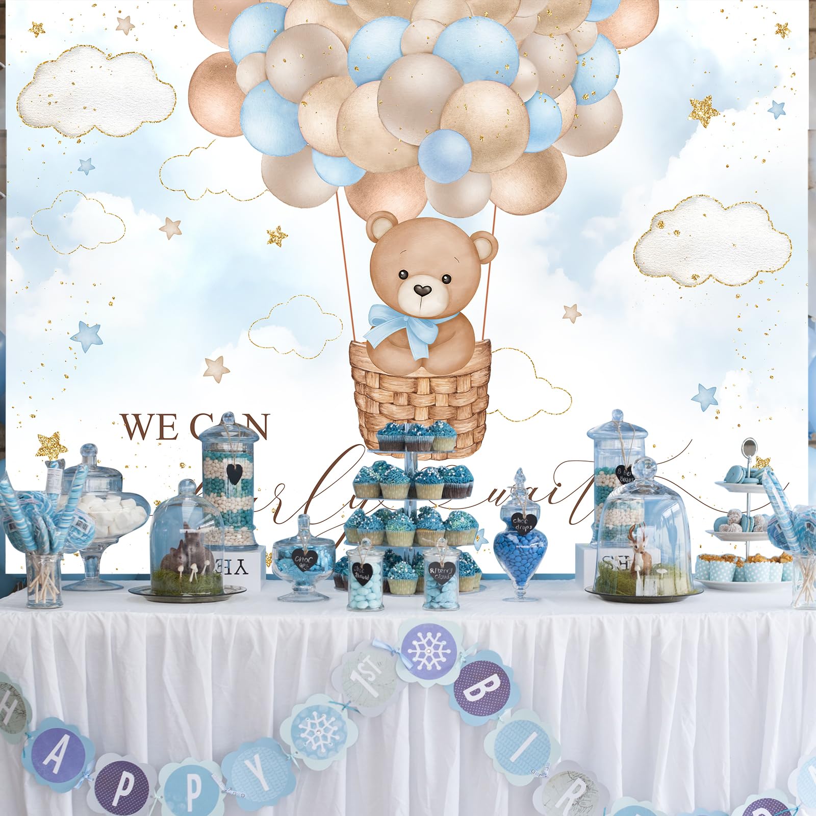 Mocsicka Blue Bear Hot Air Balloon Backdrop For Boy, Background We Can Bearly Wait Baby Shower Party Cake Table Decoration Photo