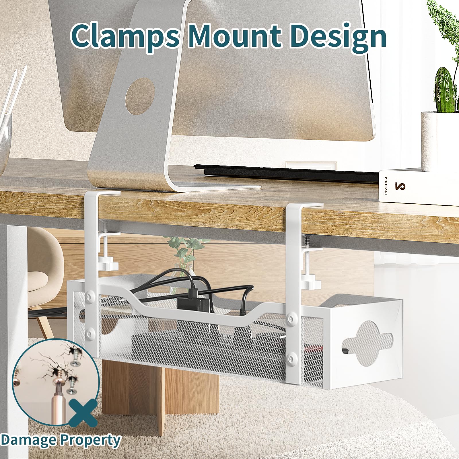 Litwaro Under Desk Cable Management Tray No Drill Clamp Mount Metal White for Cords