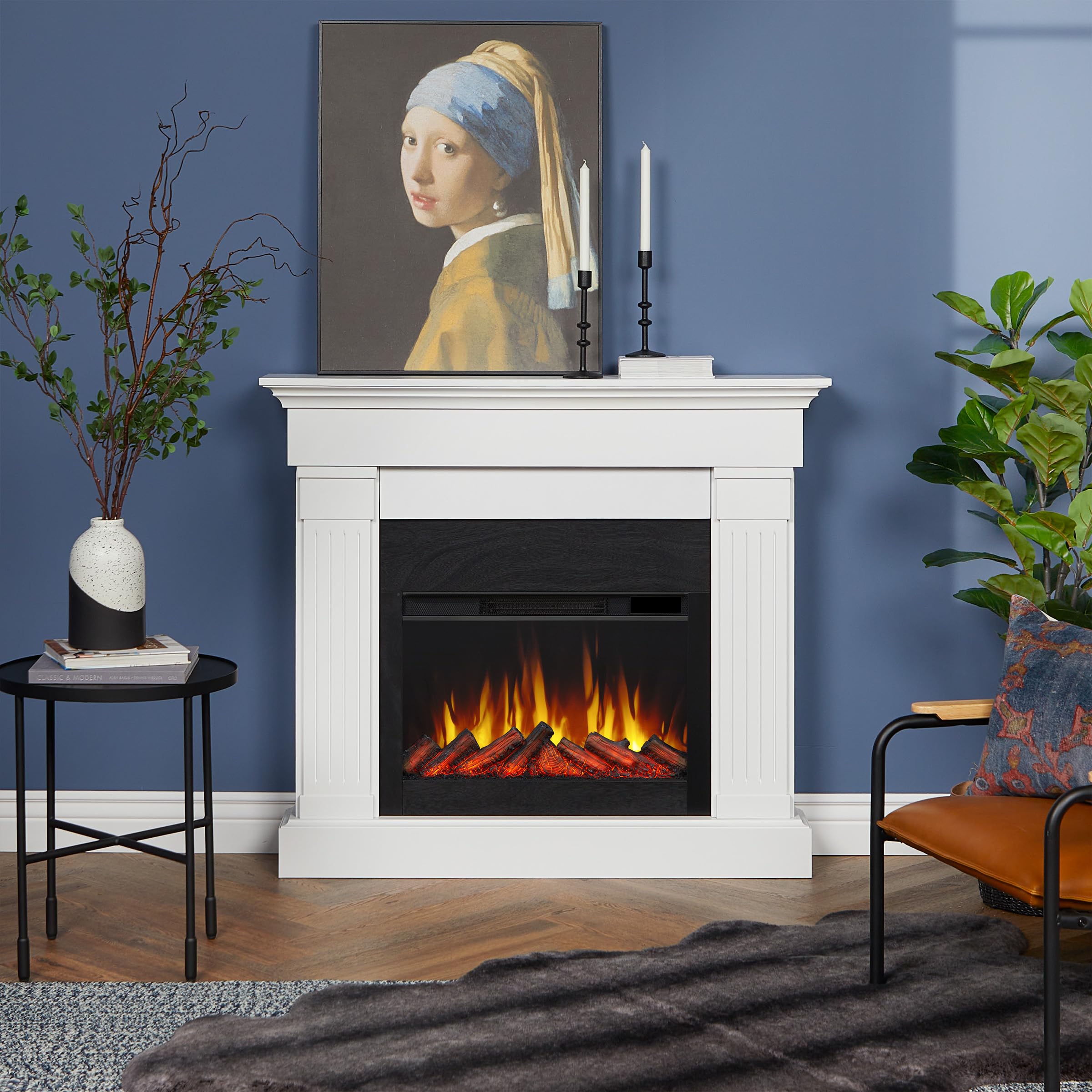 Real Flame Crawford Slim Indoor Electric Fireplace, White, Free Standing With Real Wood Mantel Finish   6 Flame Colors, Adjustab