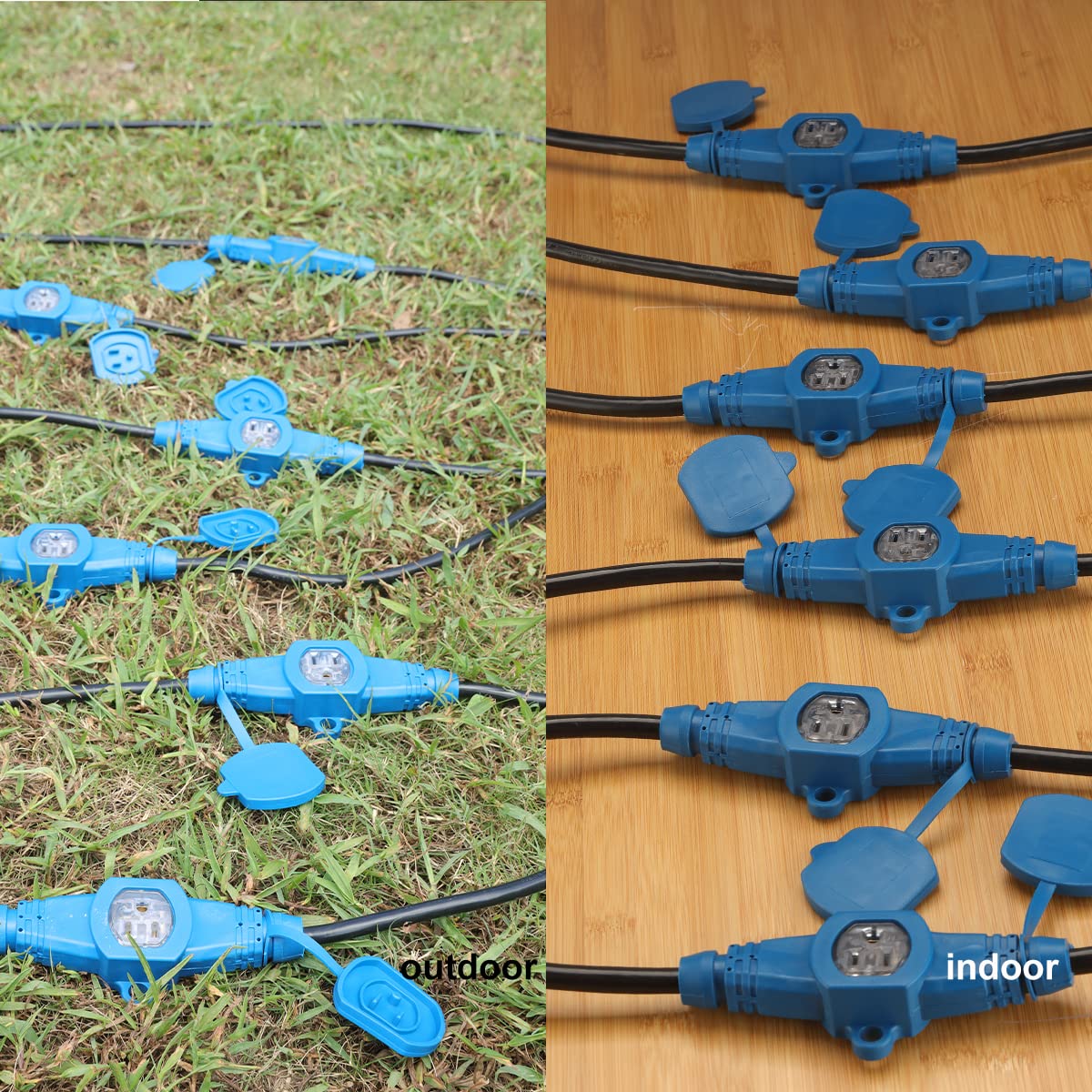 50 Feet Multi Outlet Extension Cord 16 Gauge,7 Nema 5 15R Evenly Spaced Outlets With Blue Indicators,Male Plug To Female Connect