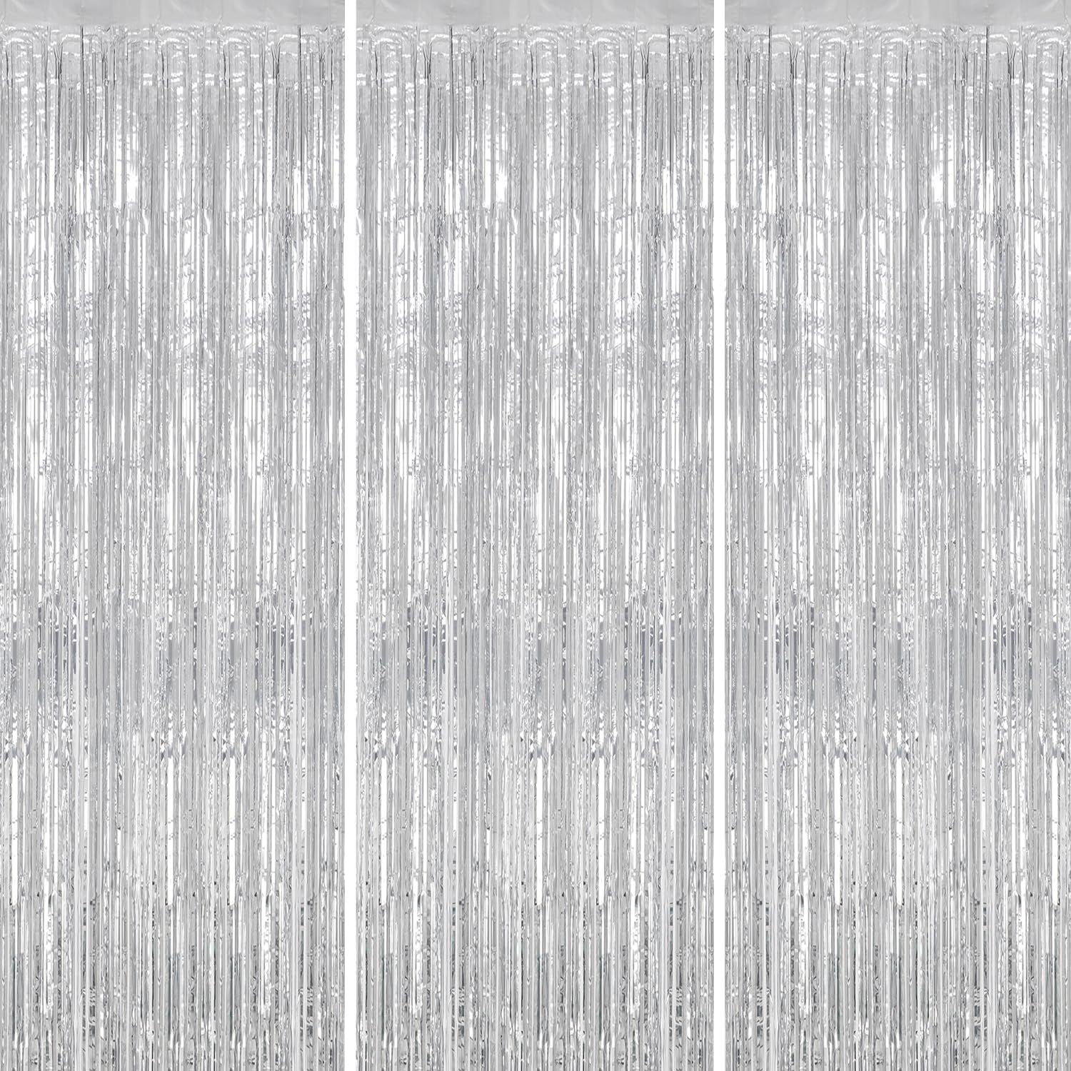 Decockrat 3 Pack Foil Fringe Backdrop   Silver Shiny Tinsel Curtains For Party Decoration/Photo Booth Props   3.3X8.2 Ft Metalli