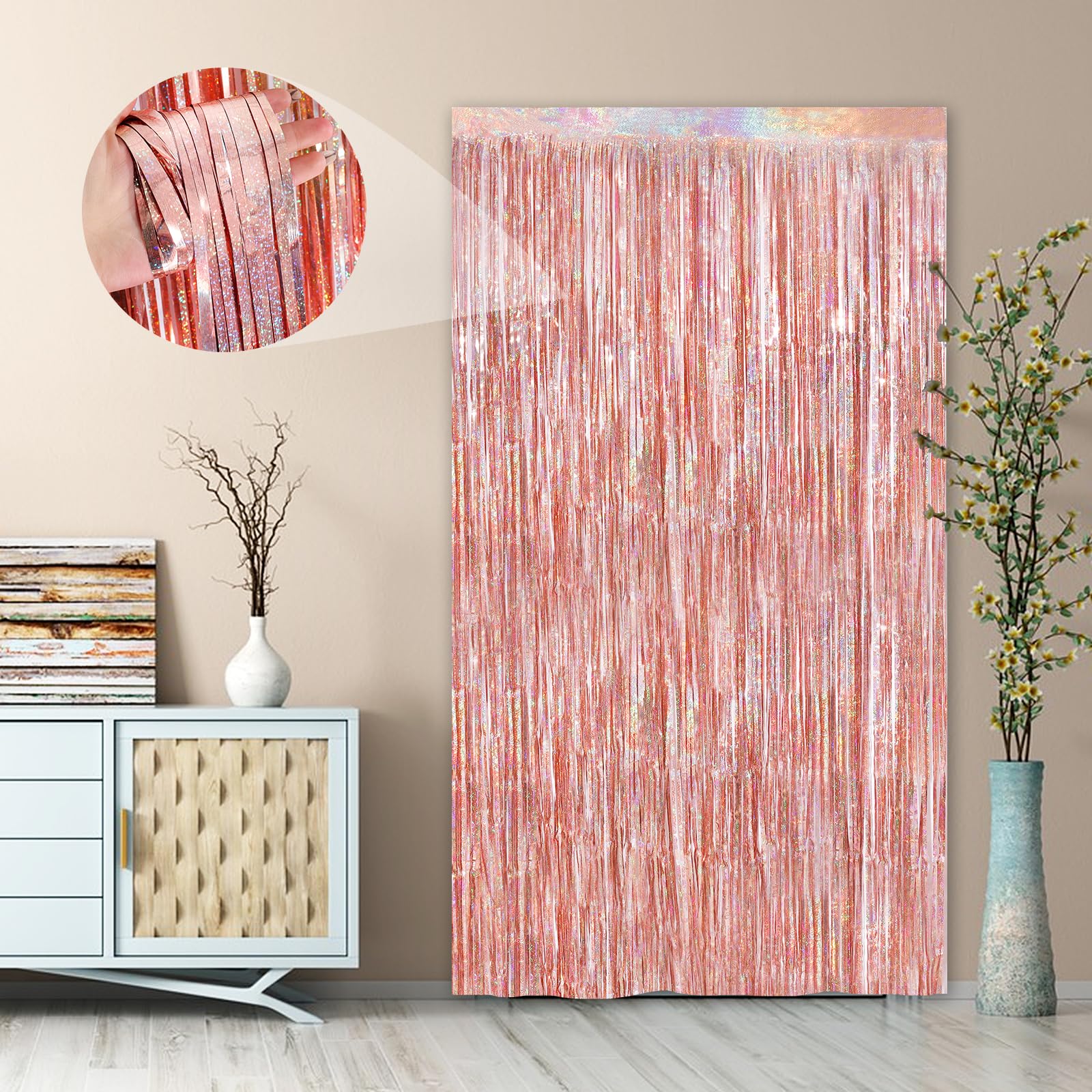 Rose Gold Foil Party Streamers 2 Pack Metallic Tinsel Fringe Curtain 3.3X 8.3Ft Streamer Curtains Anniversary Thanksgiving Chris