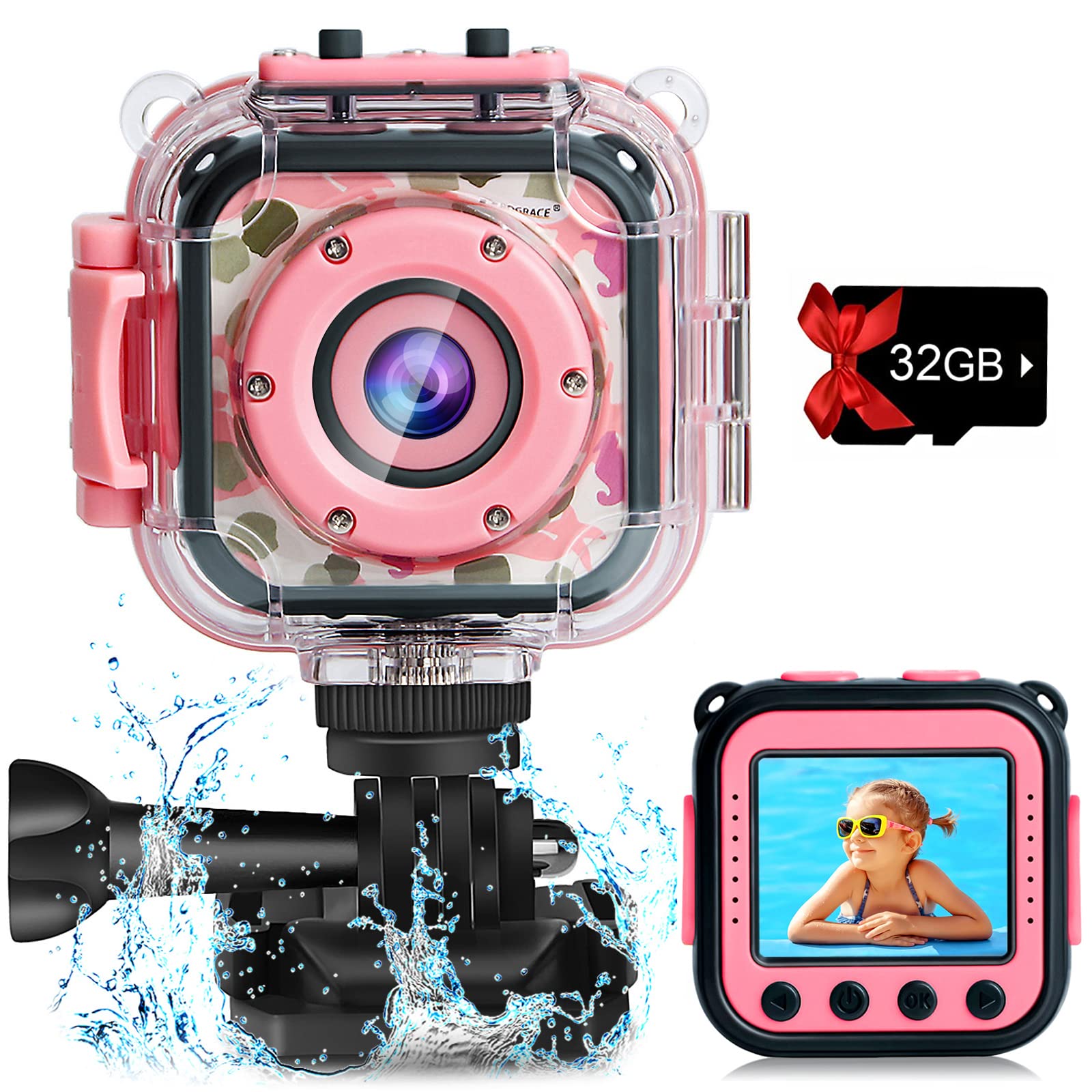Prograce Kids Camera Waterproof Gift Toy   Children Digital Video Camera Underwater Camera For Kids 1080P Camcorder Dv Toddler Camera For Girls Birthday Pool Toys Age 3 14
