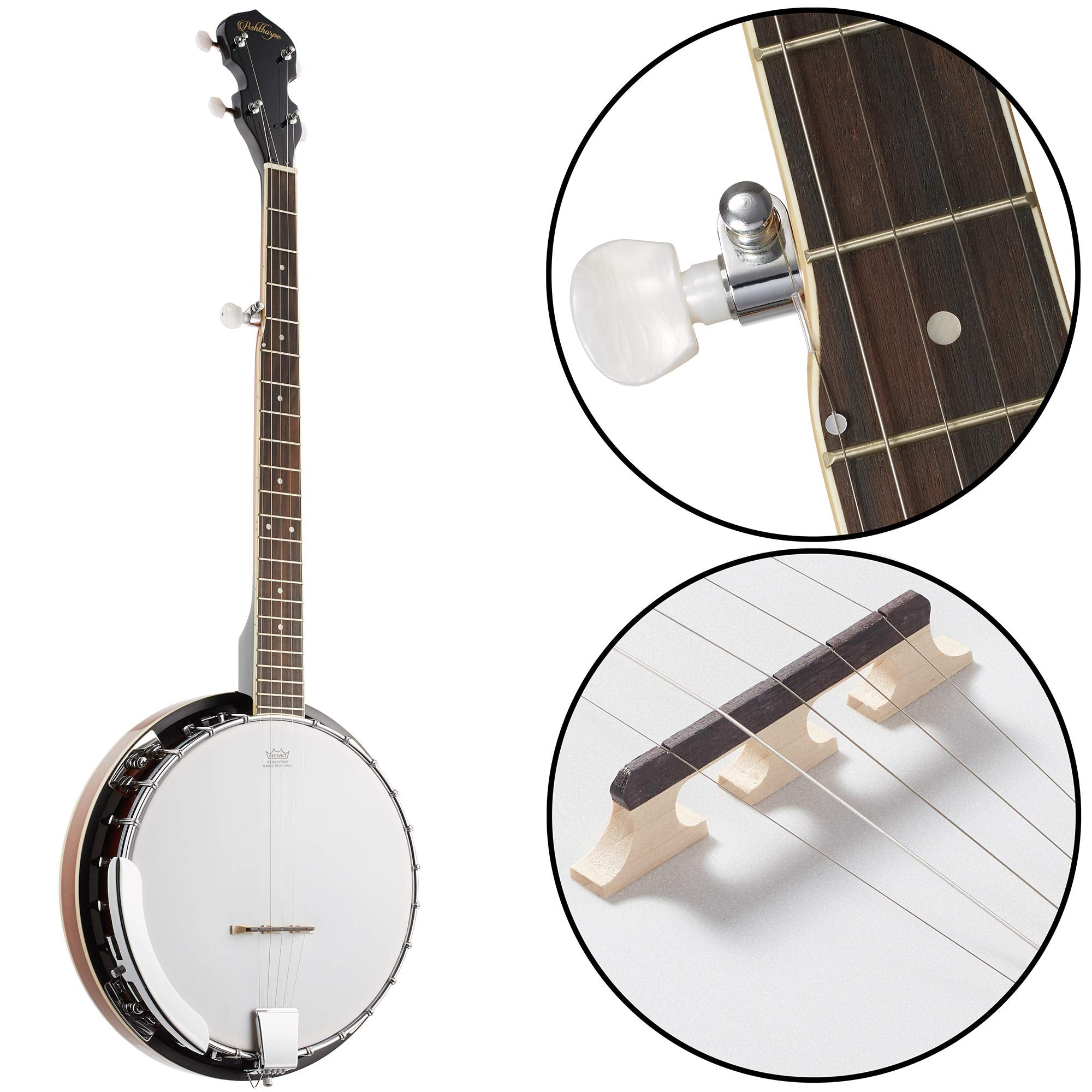 Ashthorpe 5-String Banjo - Full Size With 24 Brackets, Closed Back, Mahogany Resonator, Geared 5Th Tuner, Padded Gig Bag