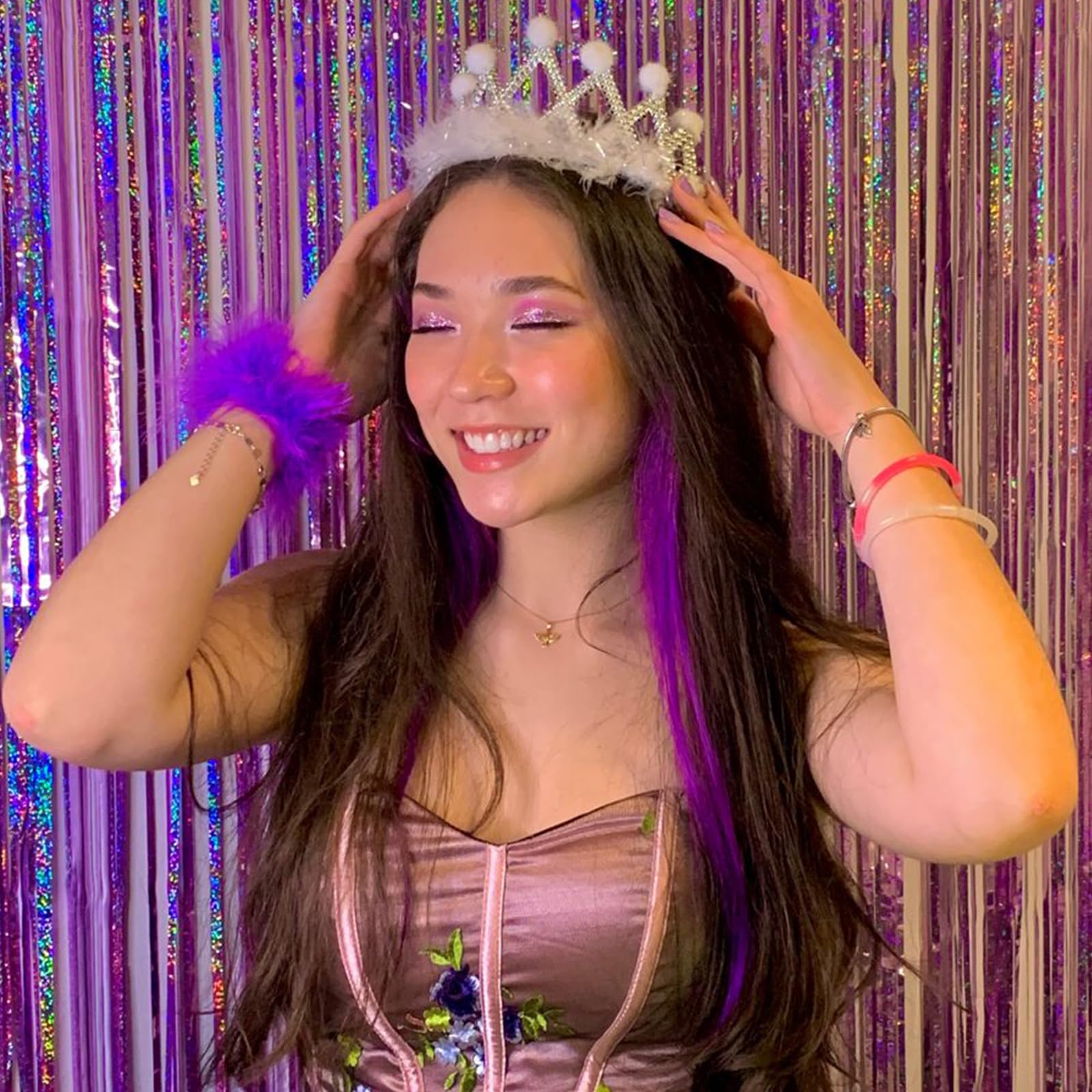 Canrevel 2 Pack 3.3X8.2 Feet Laser Purple Foil Fringe Backdrop Curtains, Glitter Tinsel Streamers For Mermaid Birthday Party Dec