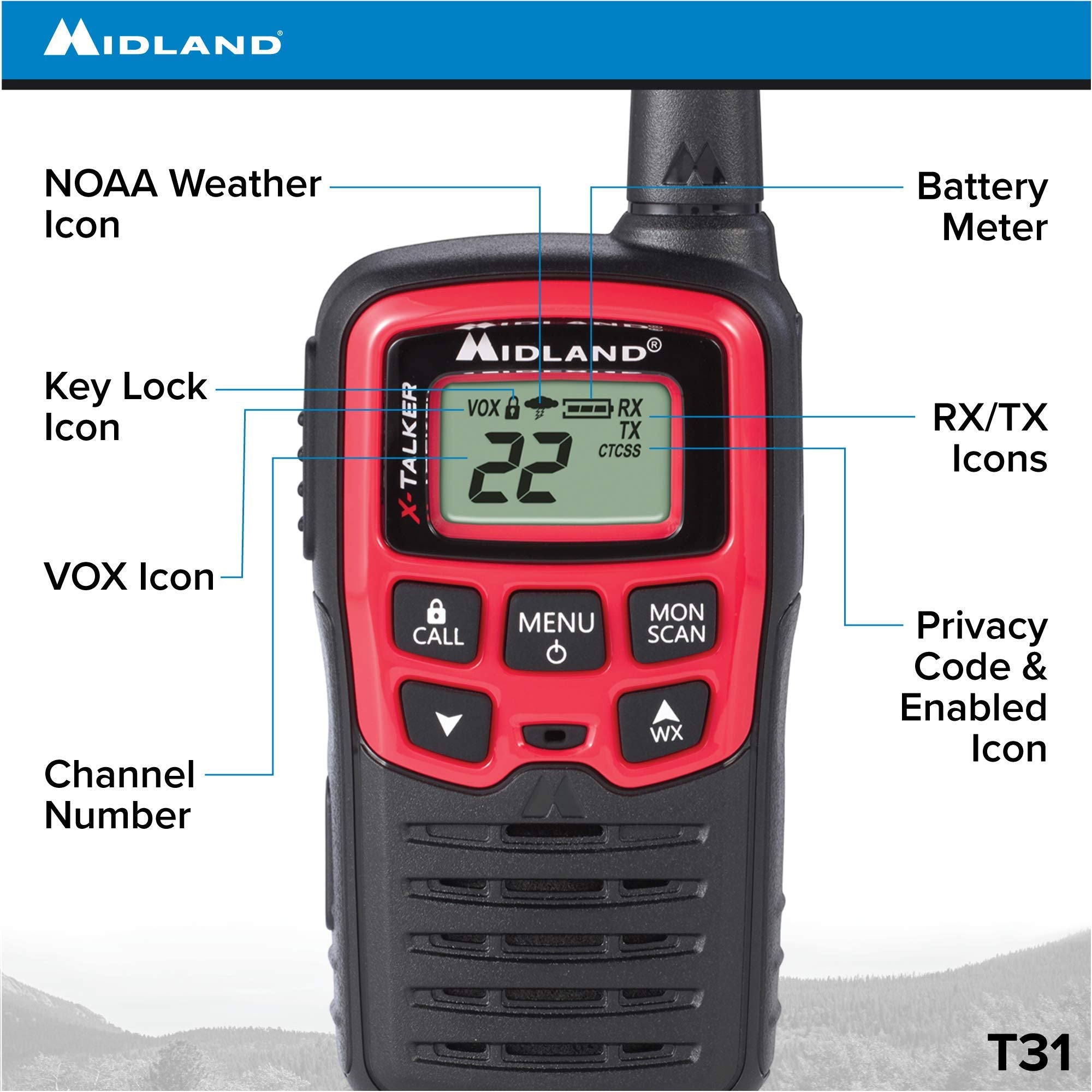 Midland T31Vp 22 Channel Frs Walkie Talkie   Up To 26 Mile Range Two Way Radio   Red/Black (Pack Of 4)