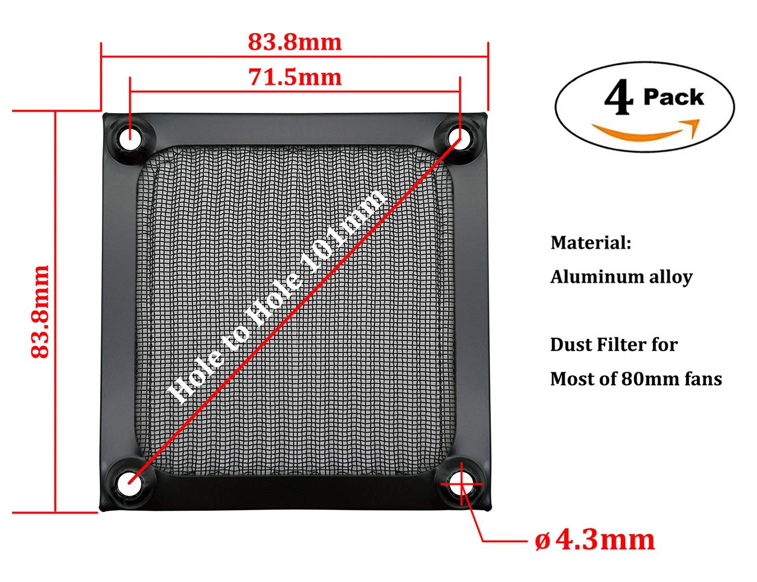 80Mm Computer Fan Filter Grills With Screws, Aluminum Frame Ultra Fine Stainelss Steel Mesh   4 Pack (Black)