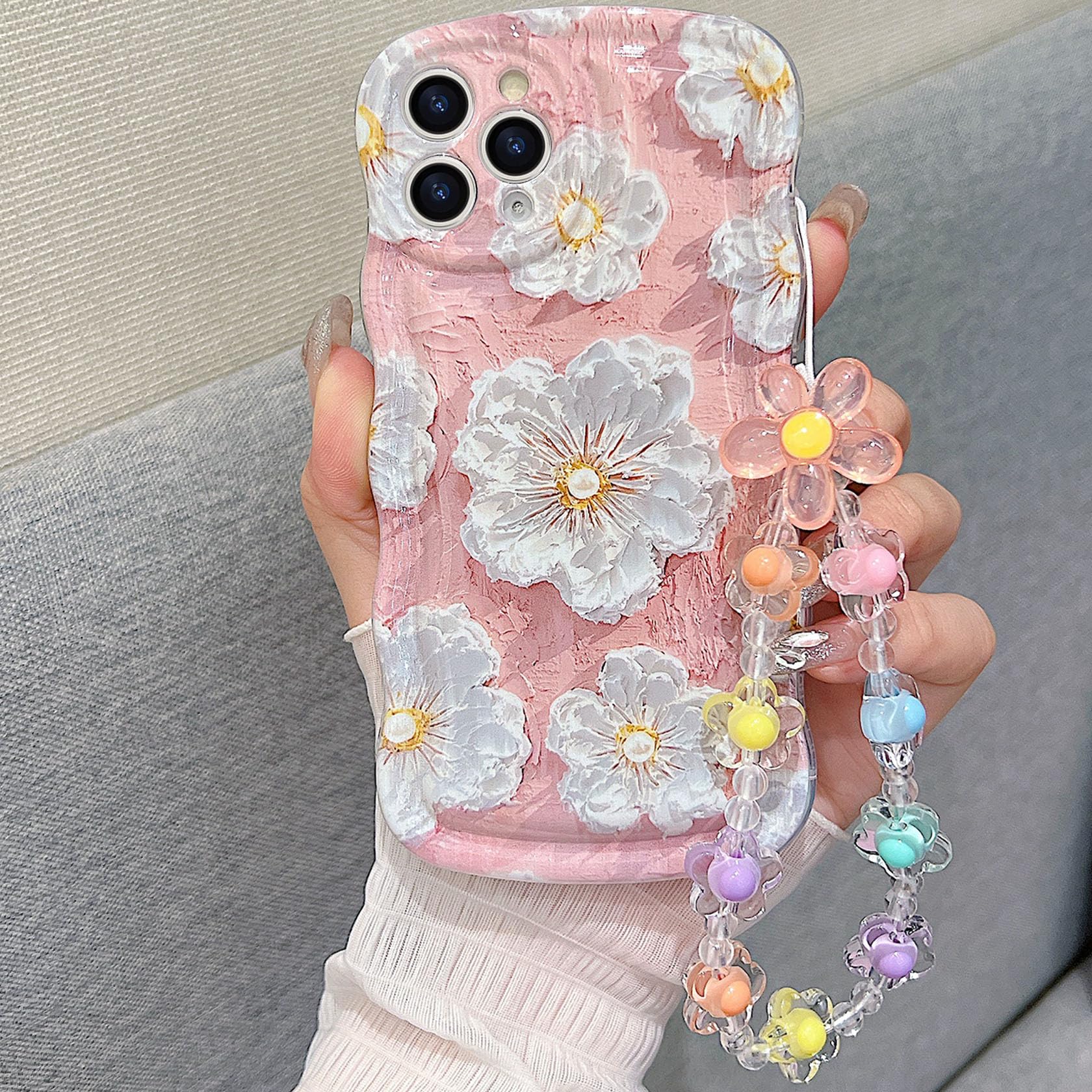 for iPhone 11 Pro Curly Wavy Case, Cute Colorful Retro Oil Painting Flower Glossy Pattern [with Bead Chain], Slim Fit Shockproof