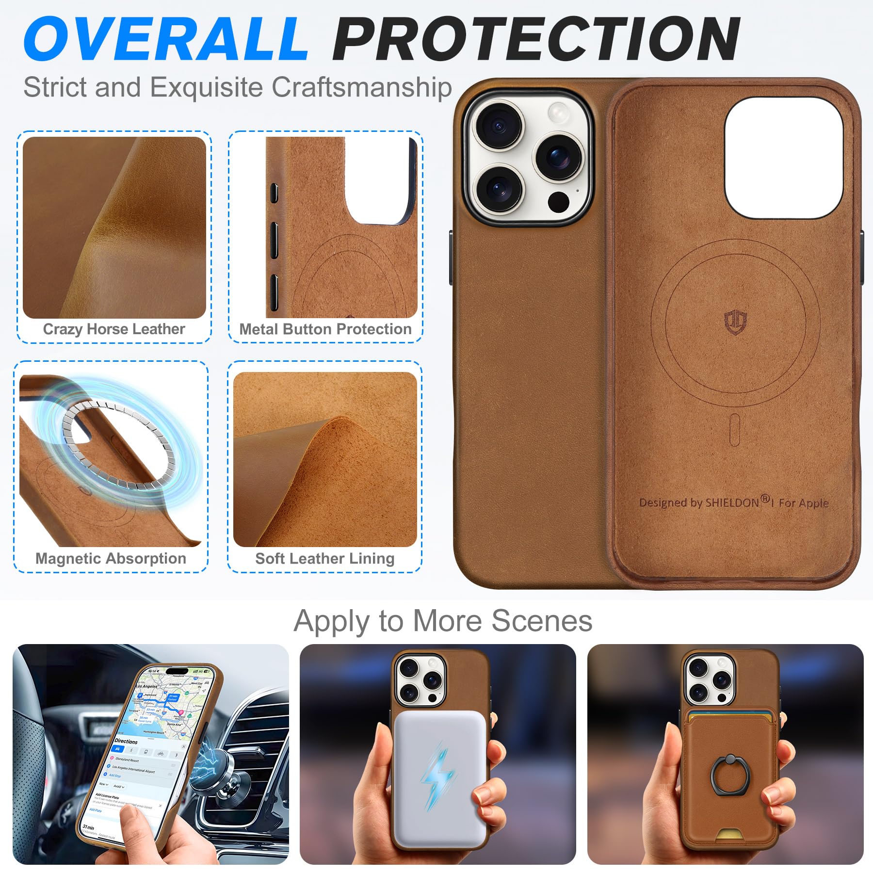 Shieldon Leather Case For Iphone 16 Pro 6.3'', Top Grain Crazy Horse Leather Magnetic Wireless Charging Non-Slip Shock-Absorbent