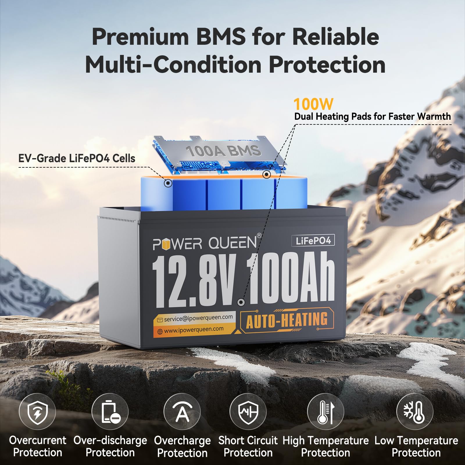 Power Queen Upgraded 12.8V 100Ah Auto-Heating Lithium Battery, Built-In 100A Bms, Low Temp Protection, Charging -4F/-20C, Lifepo