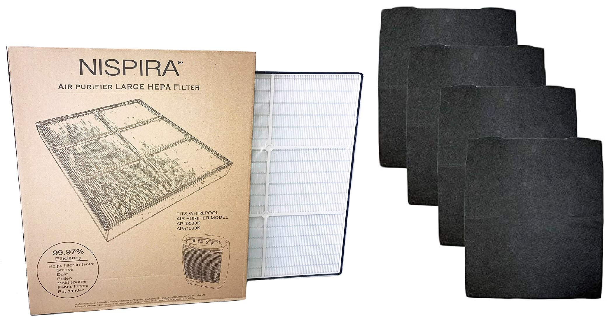 Nispira 1183054K 8171434K True Hepa Carbon Pre Filter For Whirlpool Whispure Air Purifier Ap510, Ap530, Ap450, Ap45030Ho Ap51030K Wp500 Wp1000 1 Pack