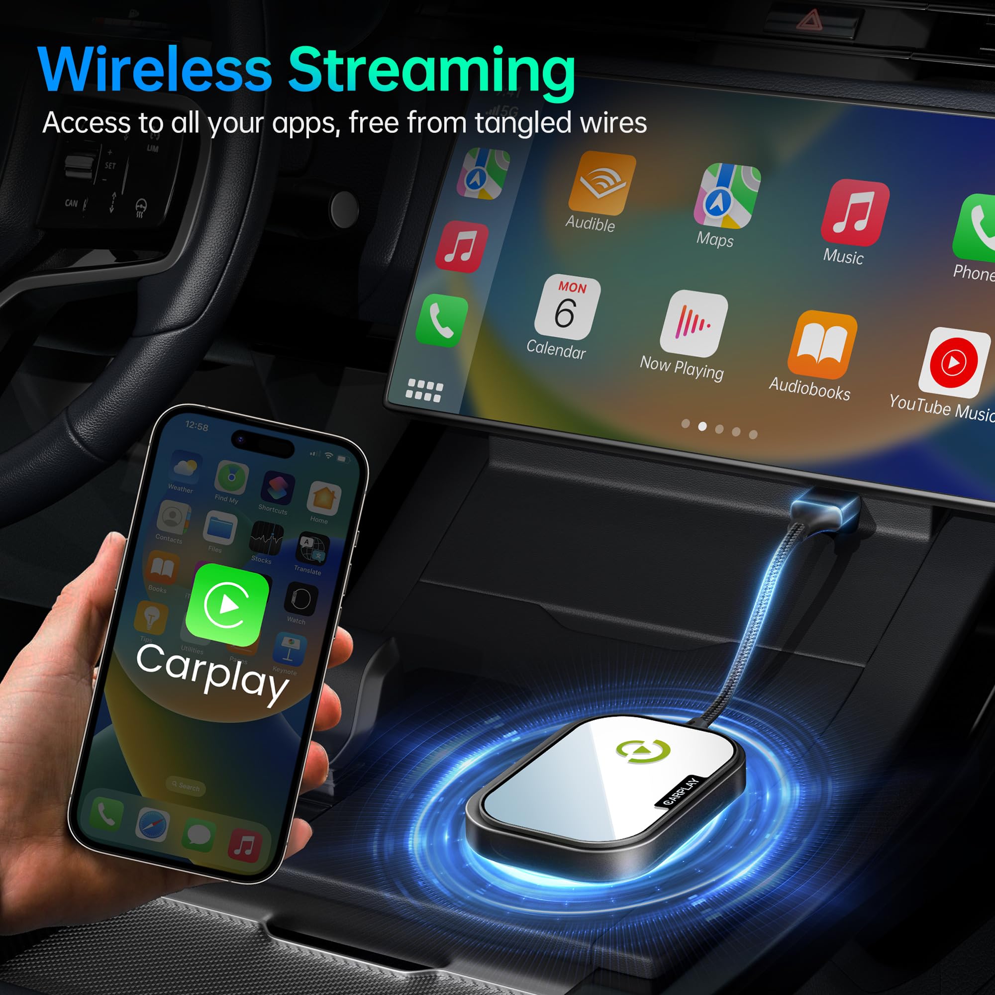 Carease Wireless Carplay Adapter, Converts Wired To Wireless Carplay Adapter For Apple Iphone, Wireless Control Plug & Play Carp