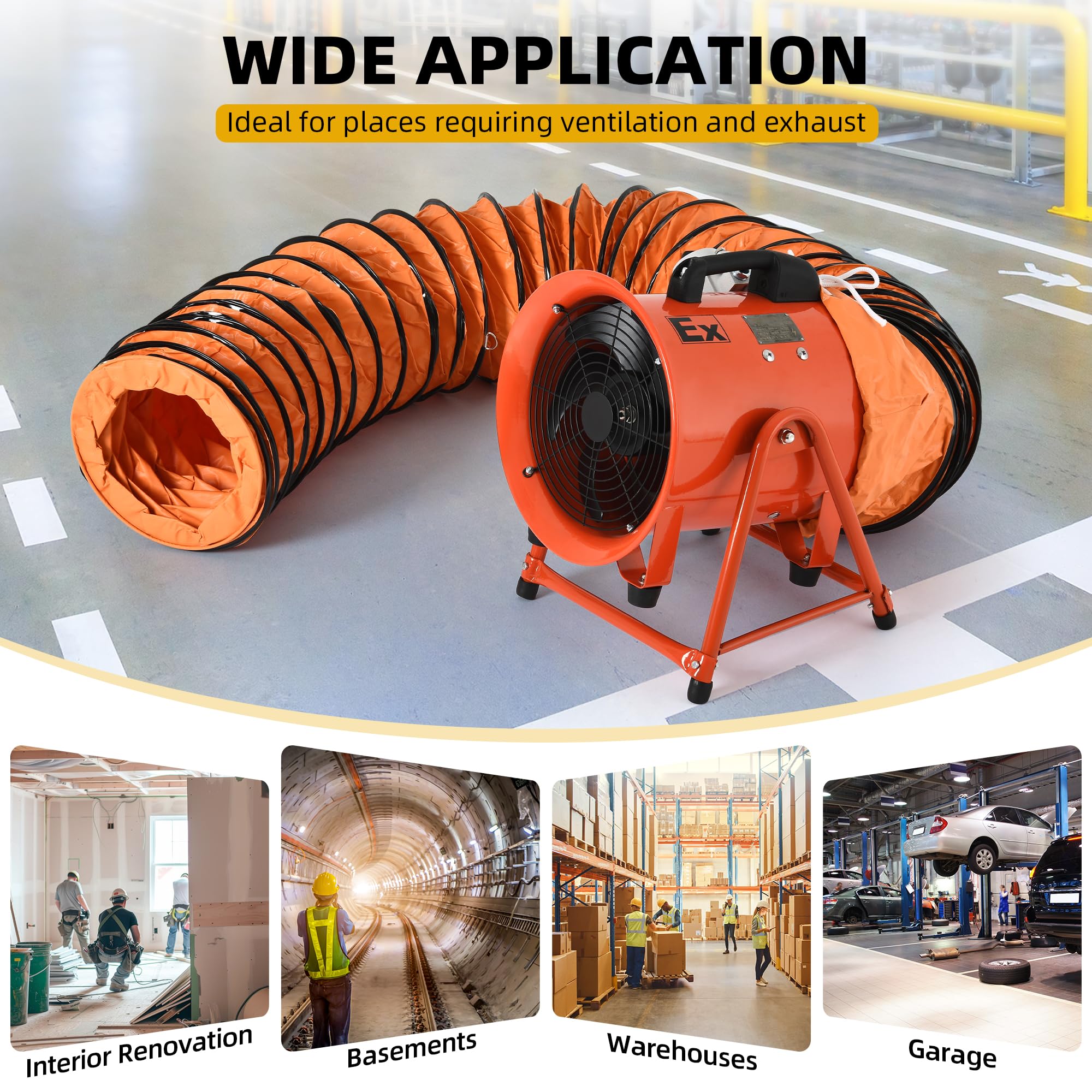 Dwvo 12 Inch Explosion Proof Fan, Portable Utility Blower With Adjustable A-Frame And 16Ft Flexible Pvc Duct Hose, Industrial Ex