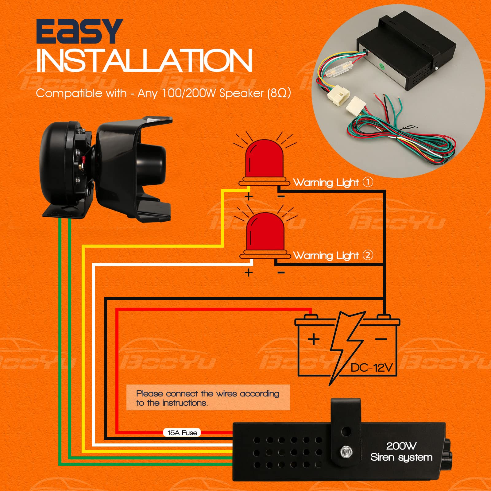 Booyu 12V 200W 9 Tones Police Emergency Warning Siren Pa System [Handheld Microphone][Hands Free][2 X 10A Switches] Capable With