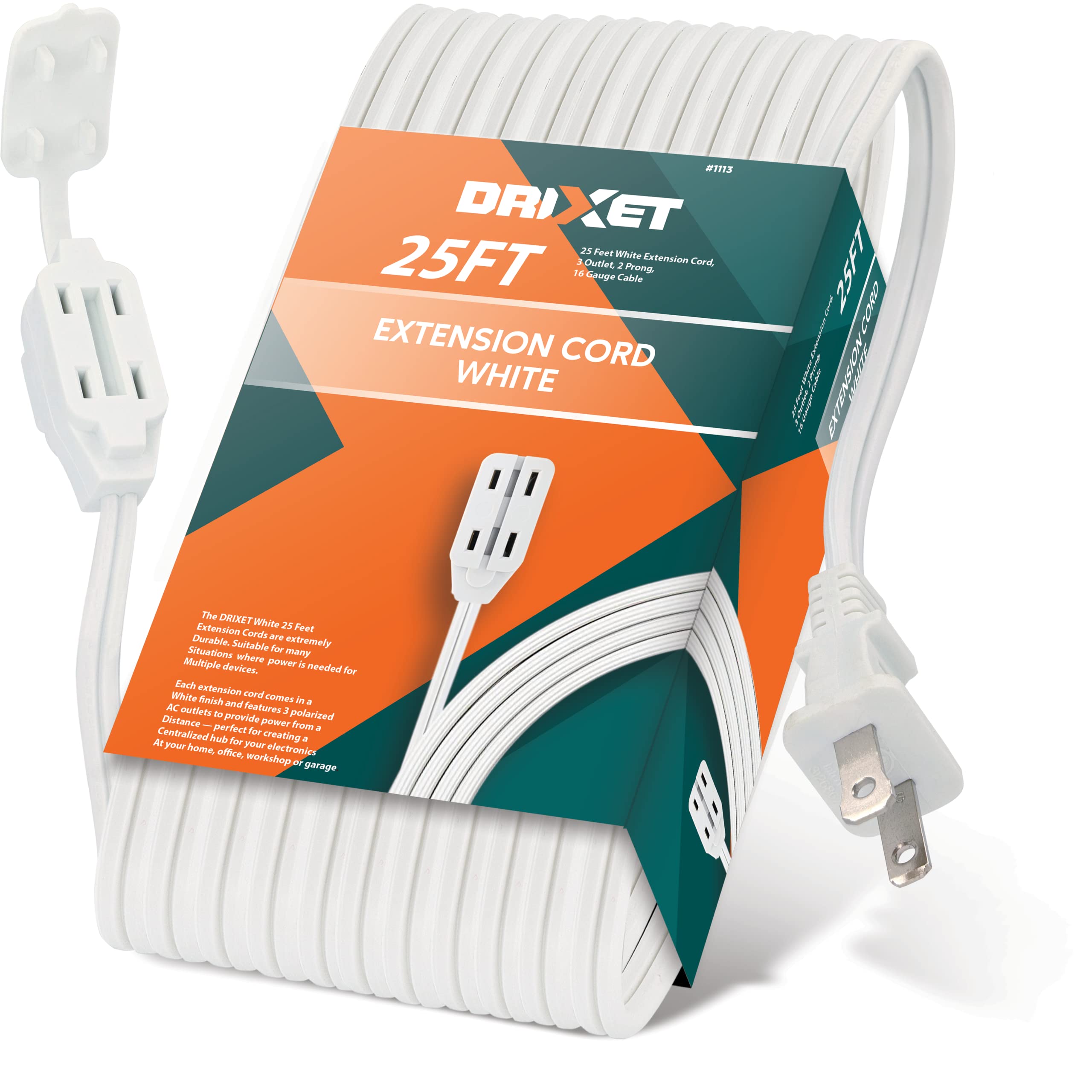 25 Feet White Extension Cord 3 Outlet 2 Prong 16 Gauge Cable, Indoor Use, 3 Receptacle Cube Tap, Extension Cord   By Revpex