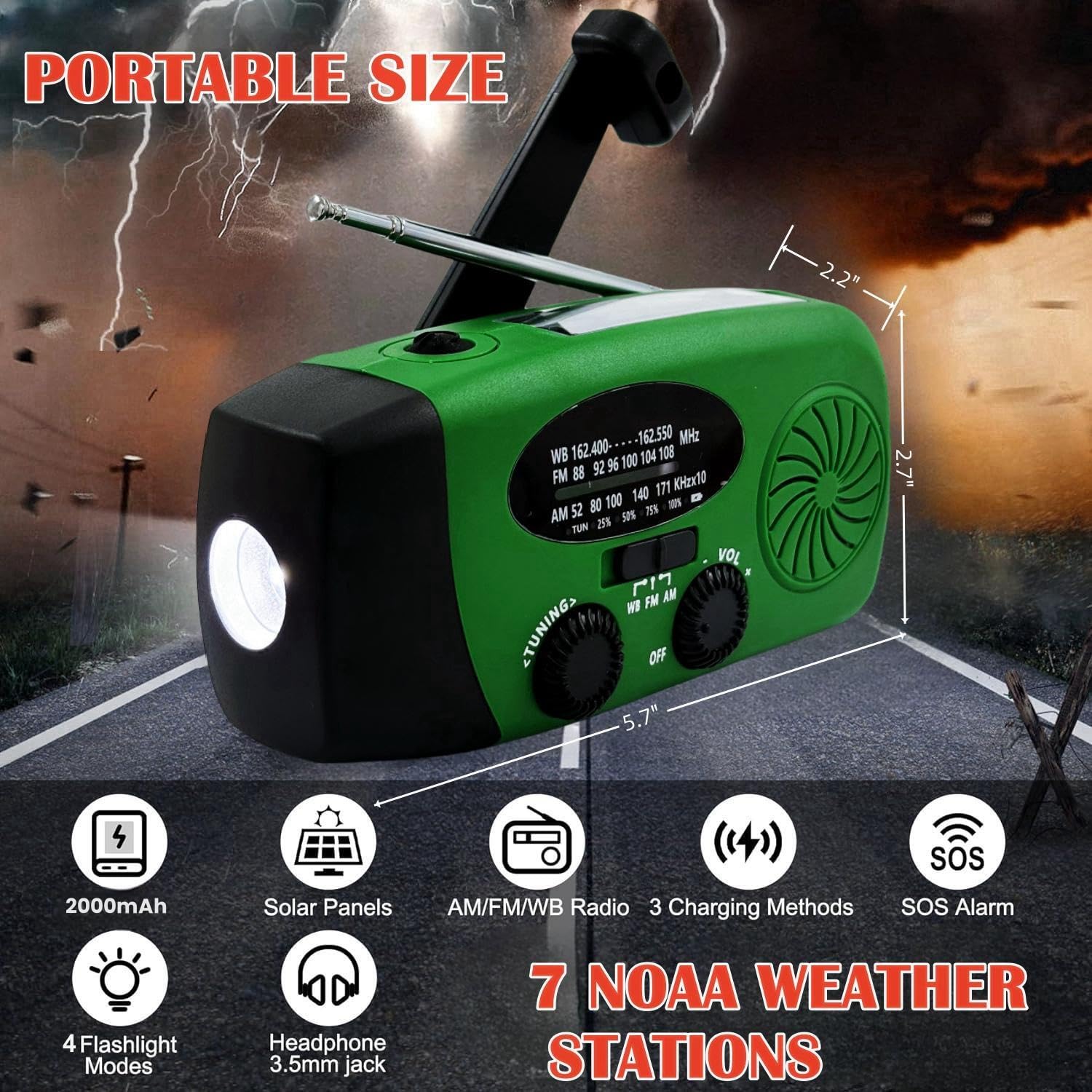 2000Mah Weather Emergency Radio, Portable Solar Am/Fm/Noaa Hand Crank Radio, Cell Phone Charger With Sos, 1W Led Flashlight, Hea
