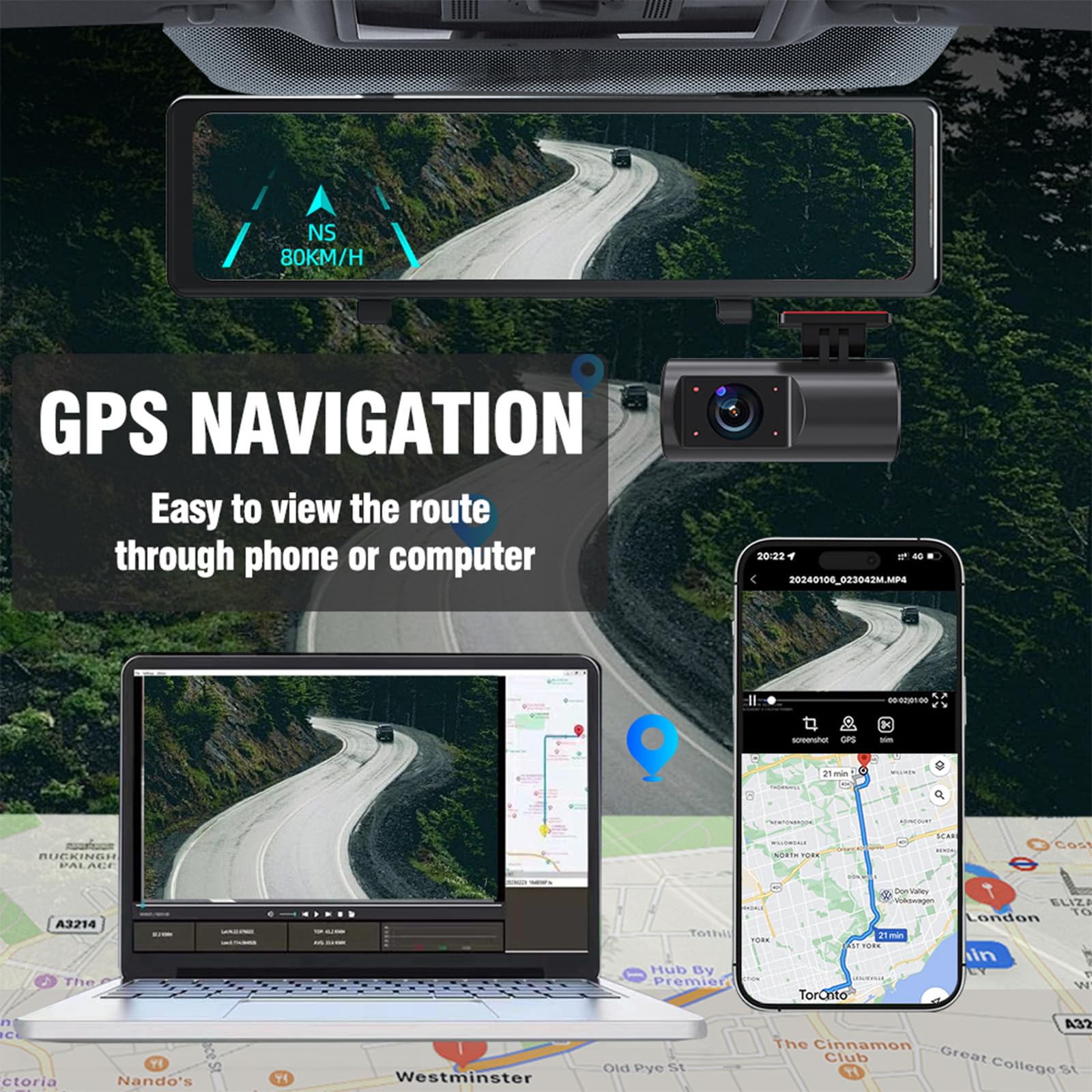 Aprilbay 3 Channel Rear View Mirror Camera, 12'' Hd Mirror Dash Cam Front, Inside And Rear With Wifi, Gps, G Sensor, Reverse Ass