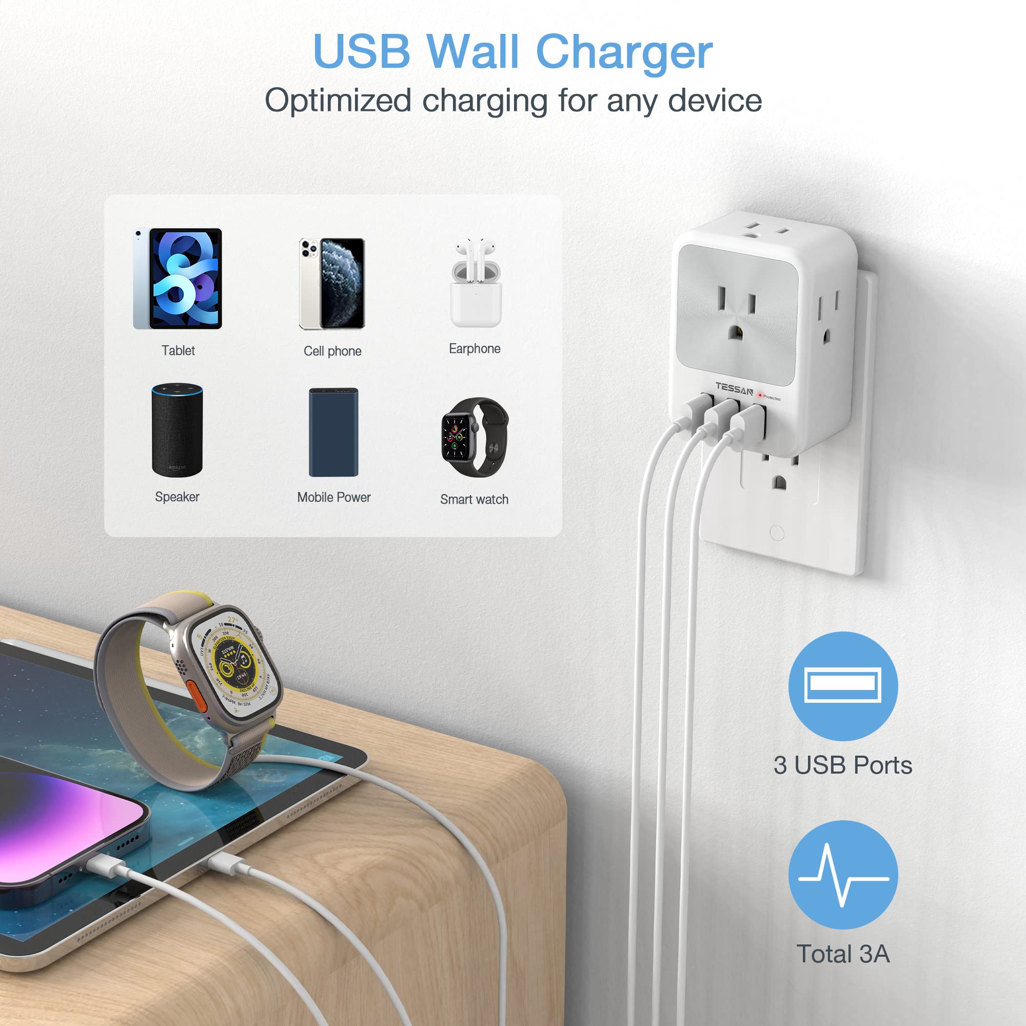 Multi Plug Outlet Splitter With Usb, Tessan 4 Electrical Outlet Extender Surge Protector With 3 Usb Wall Charger Blocks, Multipl