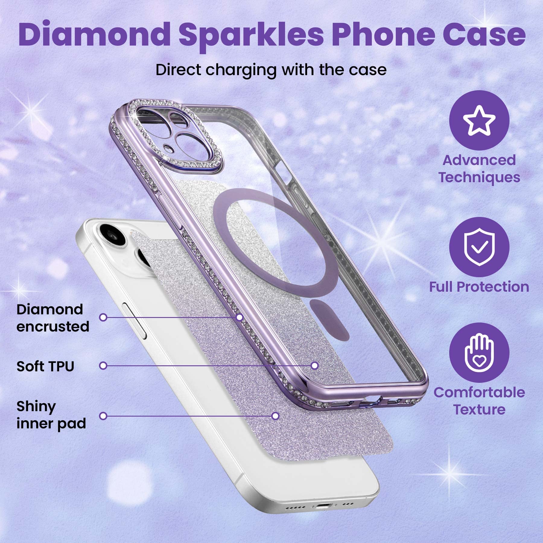 Zcdaye Case For Iphone 14 Pro With Diamond Decorated, Iphone 14 Pro Phone Case Compatible With Wirless Charging, Purple Edge Ele