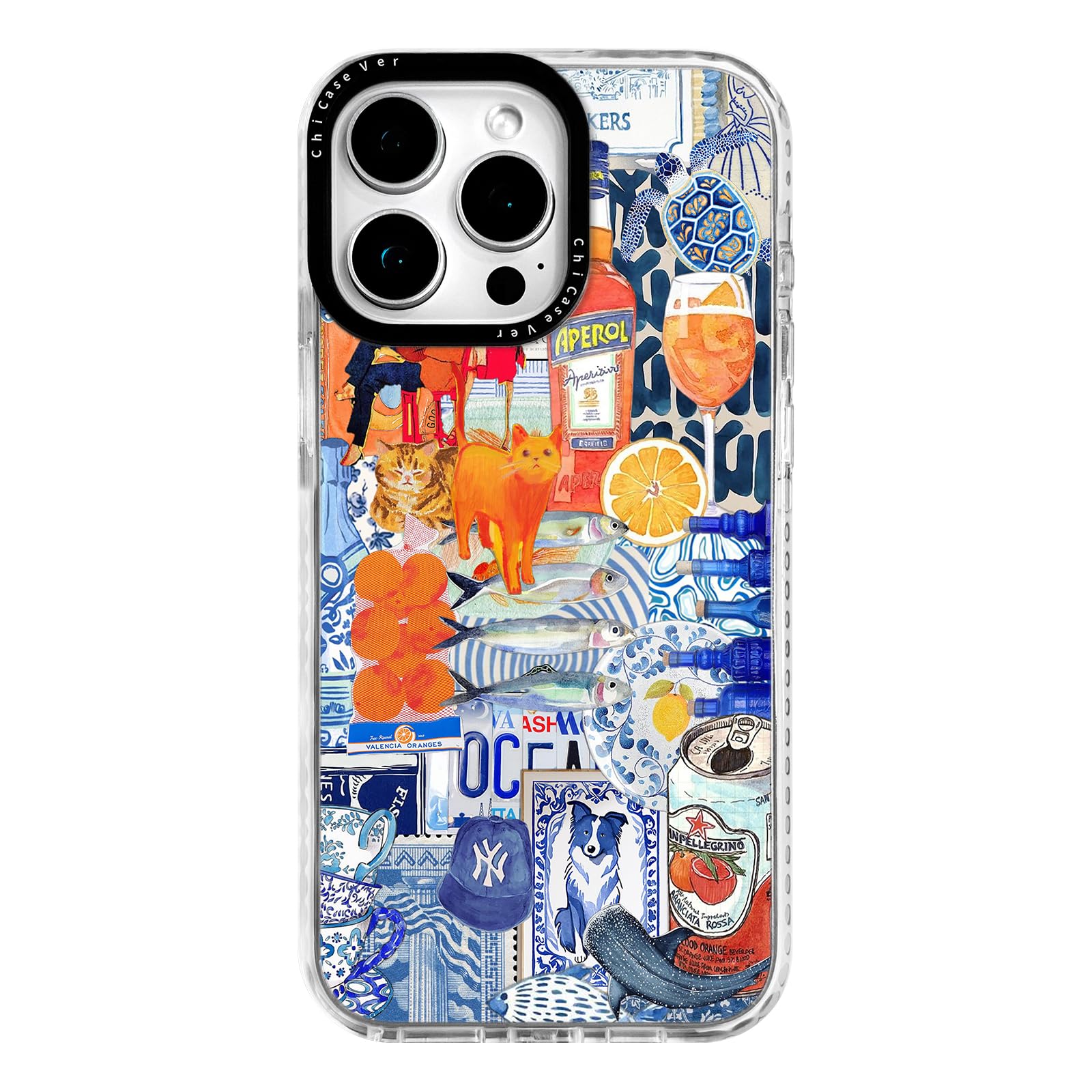 ChiCaseVer for iPhone 14 Pro Case, Mediterranean Aperol Collage Pattern, Military-Grade Drop Protection, Playful Coastal Soft Sl