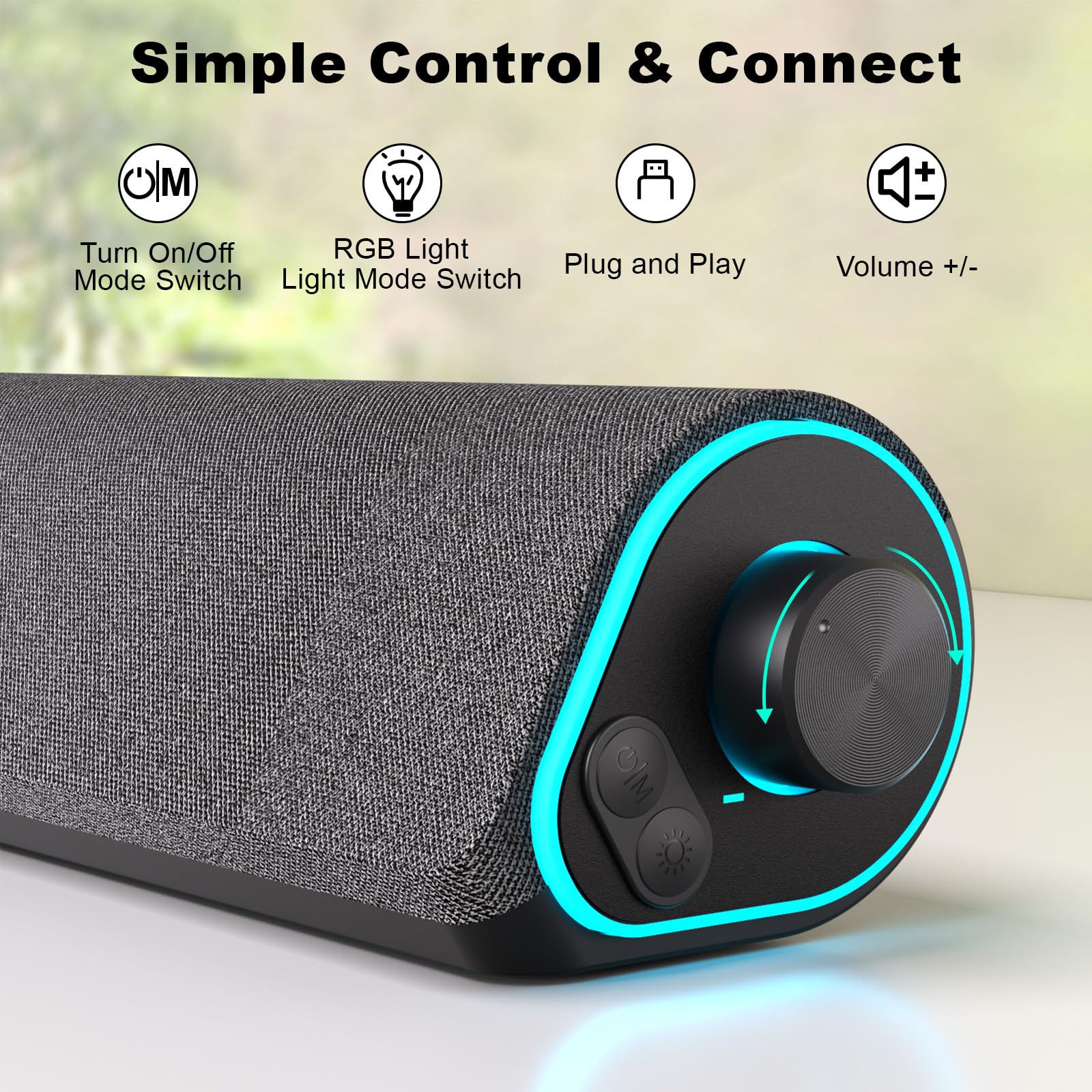 SOULION R50 Bluetooth Computer Speakers, Wired USB Powered Soundbar with Colorful LED Lights, Dark Gray