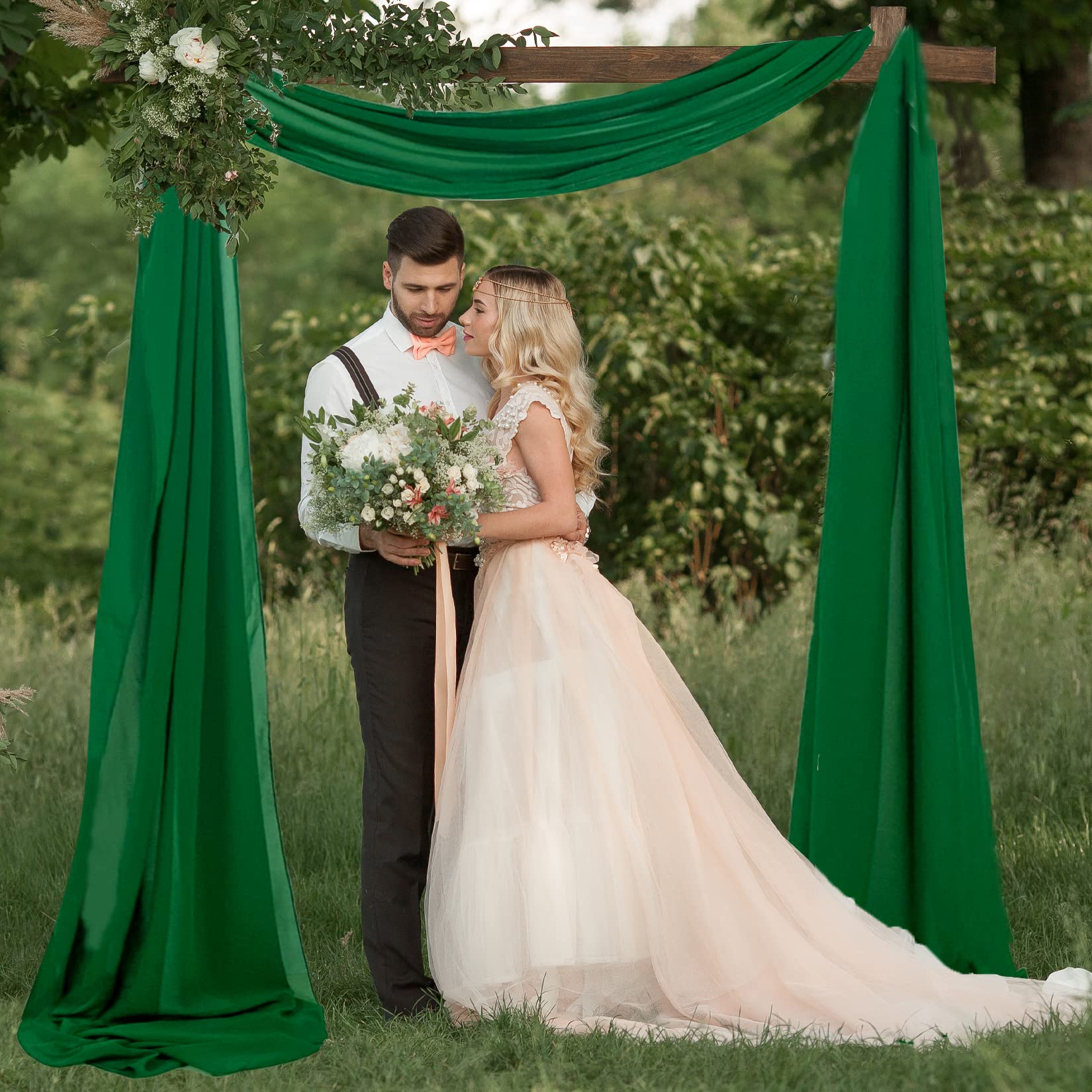 Fuhsy Wedding Arch Draping Fabric 18Ft 2 Panels Emerald Green Chiffon Fabric Drapery Sheer Curtains For Backdrop Green Drapes Tu