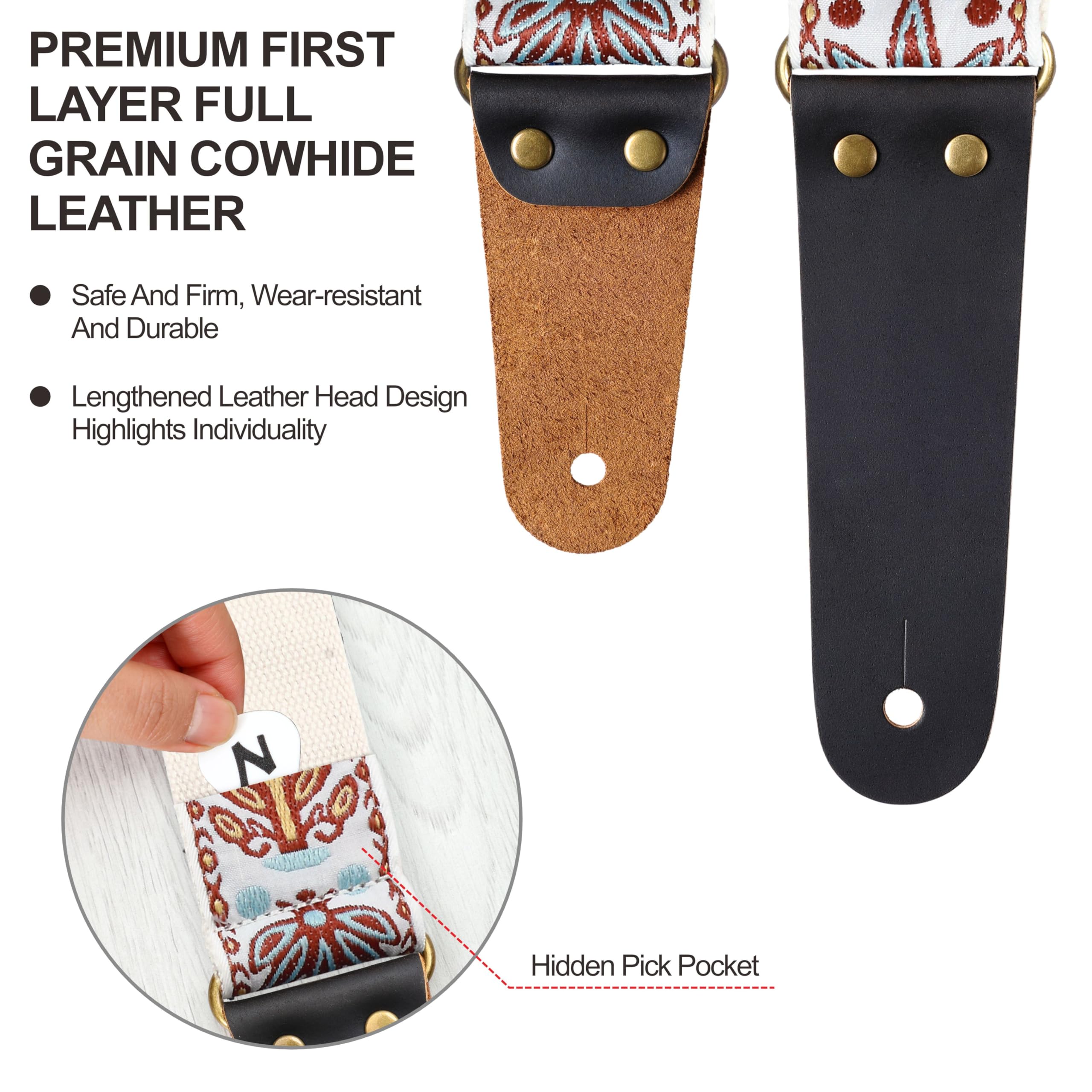 Nefelibata Guitar Strap   Vintage Embroidered Cotton Guitar Straps With Genuine Leather Ends For Bass, Electric & Acoustic Guita