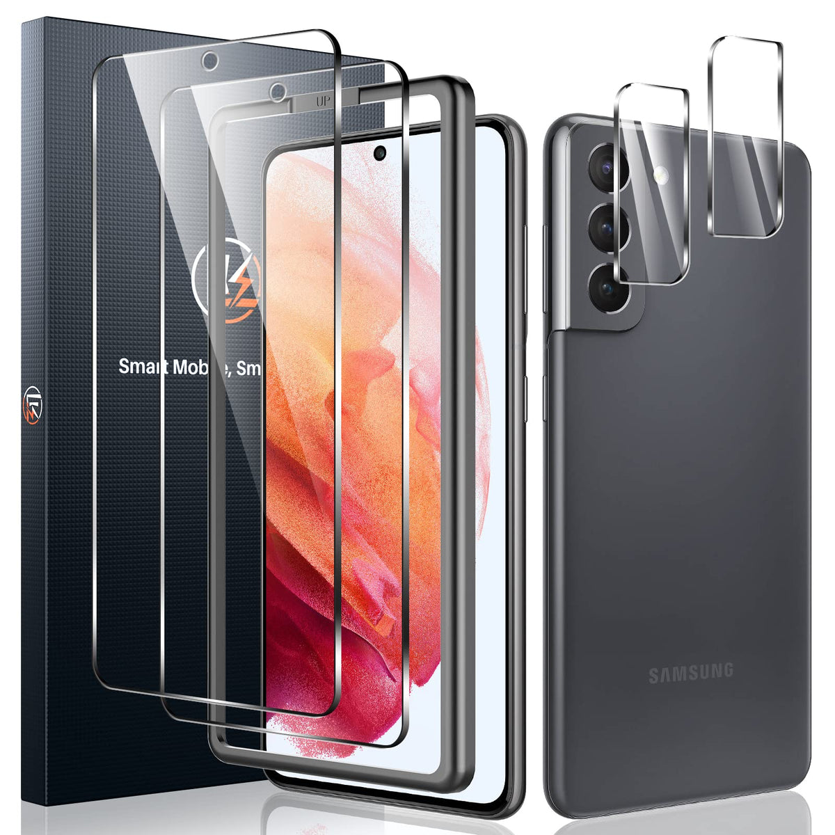 Lk 2 Pack Screen Protector Compatible For Samsung Galaxy S21 & 2 Pack Lens Protector With Alignment Frame, [9H] Tempered Glass S