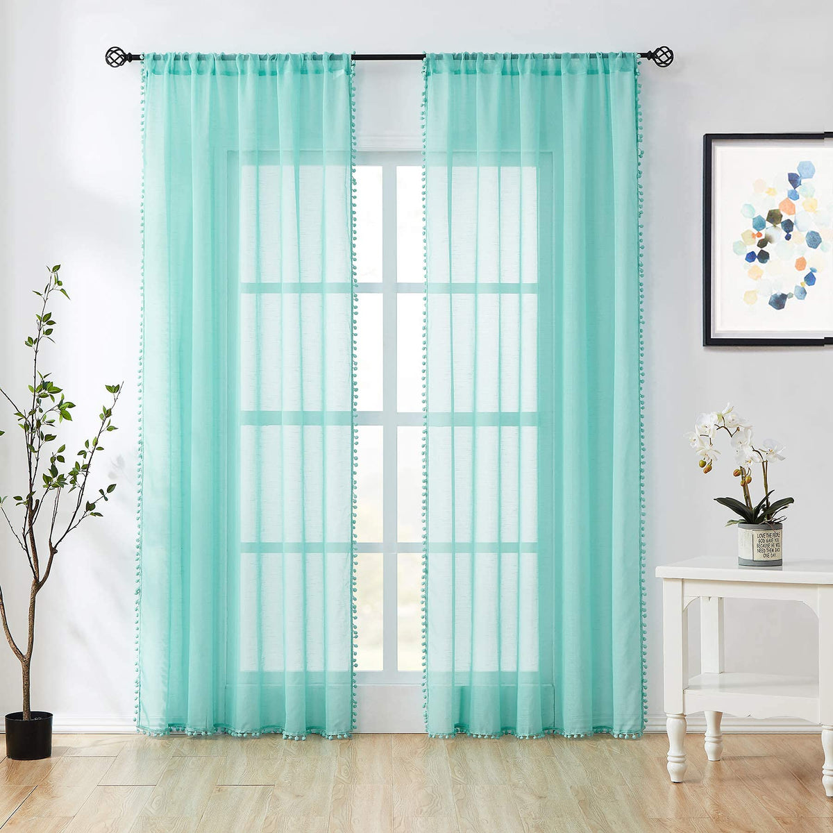 Treatmentex Pompom Sheer Window Curtains For Bedroom Aqua-Blue 95Inches Length Decorative Sheer Window Drapes For Wedding Party 