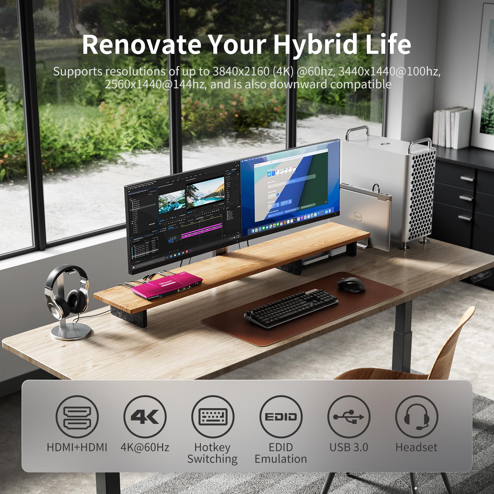 Tesmart Usb 3.0 Hdmi Kvm Switch 2 Monitors 2 Computers 4K@60Hz, Dual Monitor Kvm Switch Hdmi 2 Port Extended Display, Audio&Micr