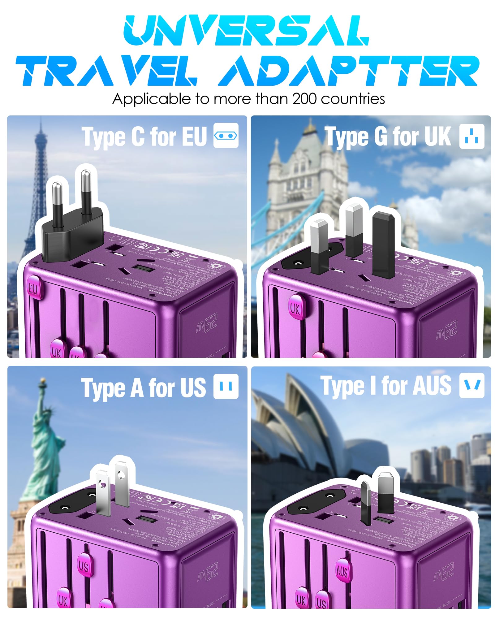 Urjd Universal Travel Adapter Offers 5.8A 3X 3.0A Usb C Ports, 2X 2.4A Usb A Ports And Multi Ac Outlet, All In One International