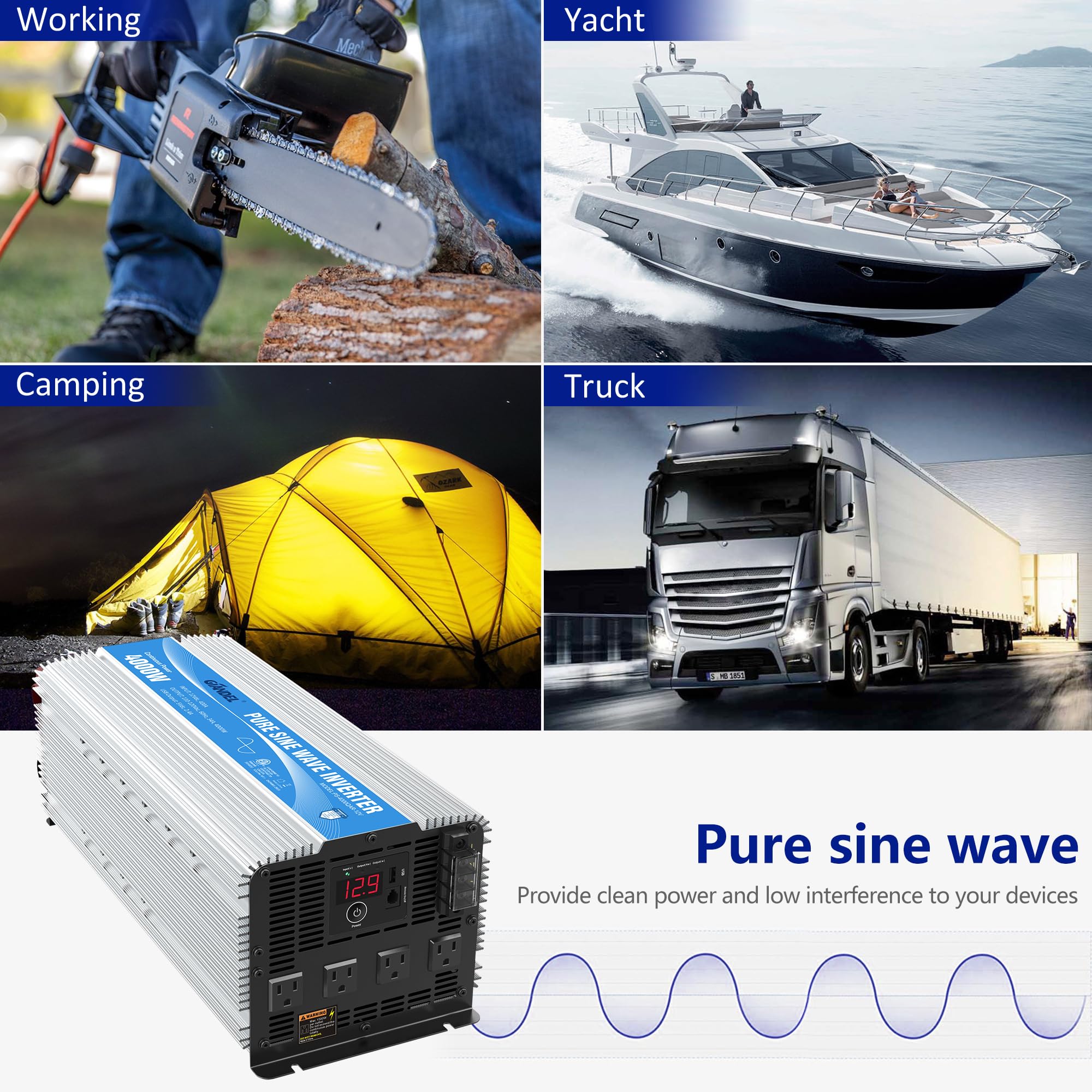 Giandel 4000W Pure Sine Wave Power Inverter Etl Ul 458 Std Listed Converts Dc12V To Ac120V With 40Amps Hardwire Terminal Block 4