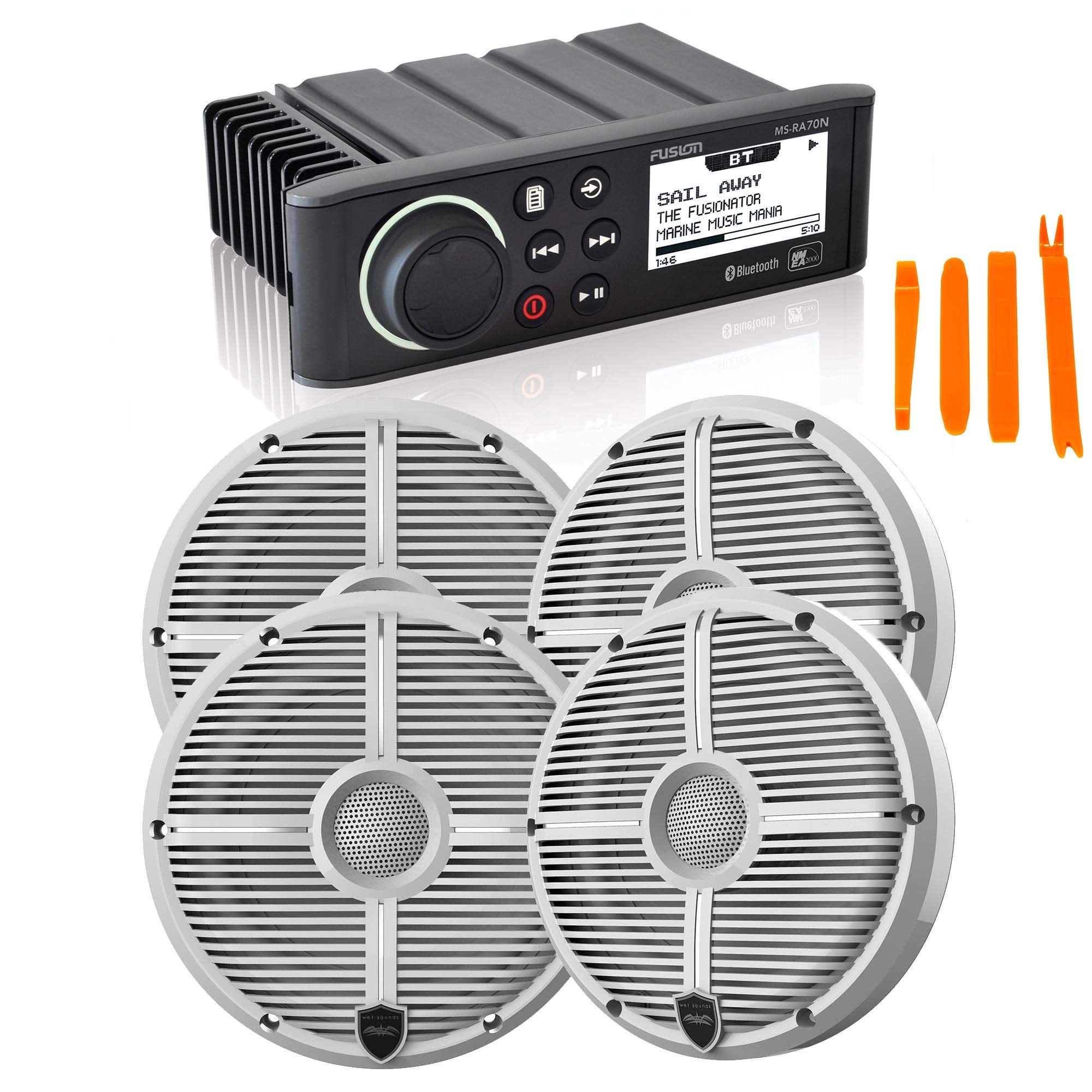 Fusion MS-RA70N Marine AM/FM/BT/NEMA2000 Stereo with 2 Pair Wet Sounds Recon 6-XWW High Output 6.5 Marine Coaxial Speakers, Whit