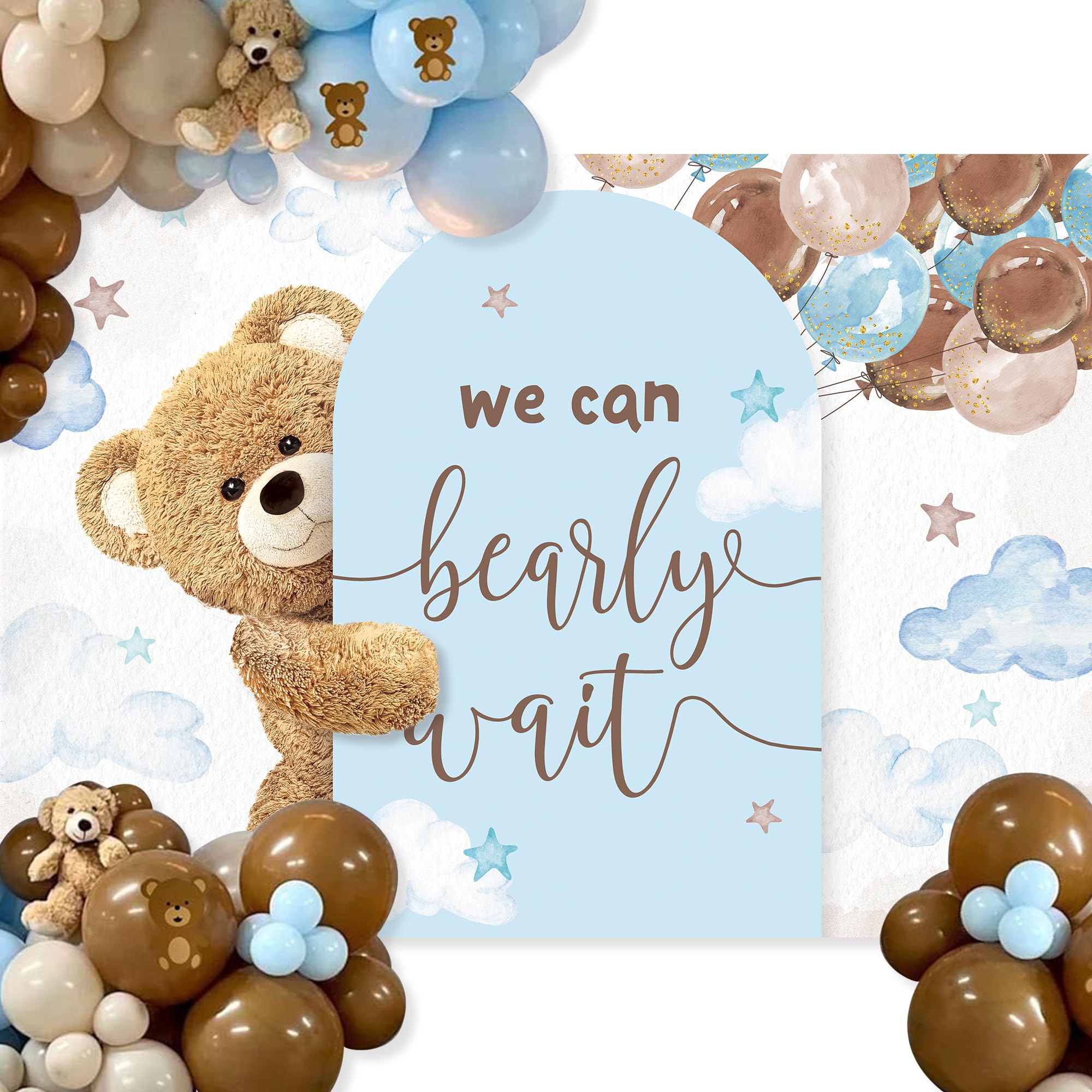 Glawry We Can Bearly Wait Backdrop 7Wx5H Feet Boho Lovely Cartoon Blue Balloons Arch Bear Baby Shower Party Decorations Photogra