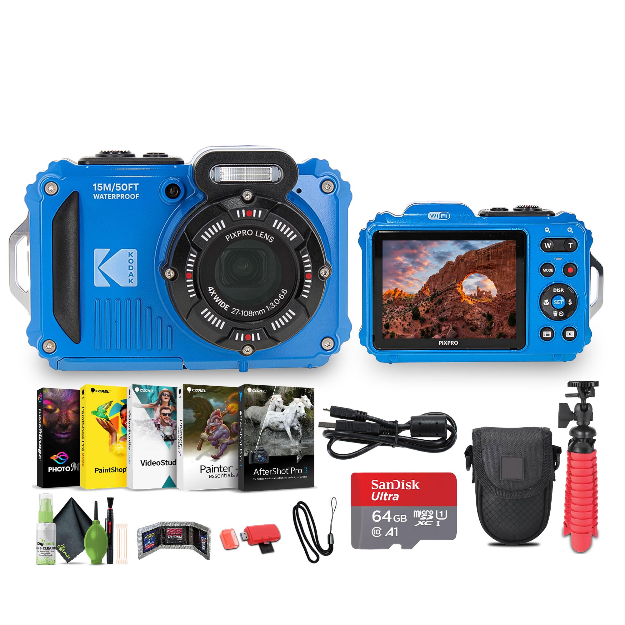 KODAK PIXPRO WPZ2 Rugged Waterproof Shockproof Dustproof WiFi Digital Vlogging Camera 16MP (Blue) Bundle with 64GB Memory Card +