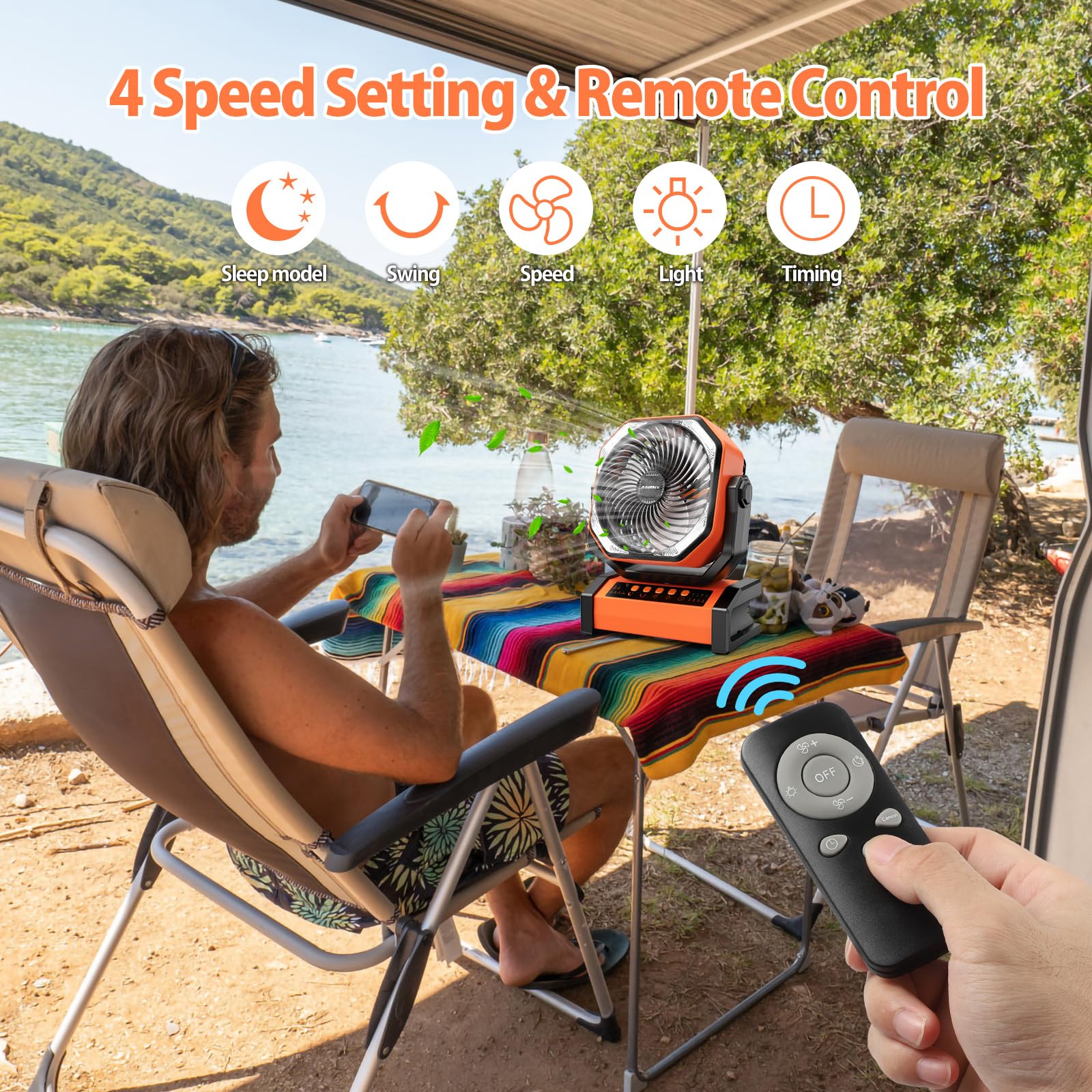 Addacc 20000Mah Rechargeable Camping Fan   Battery Operated Fan With Light & Remote, Auto Oscillating, 4 Timer, 60 Hrs Work Cord