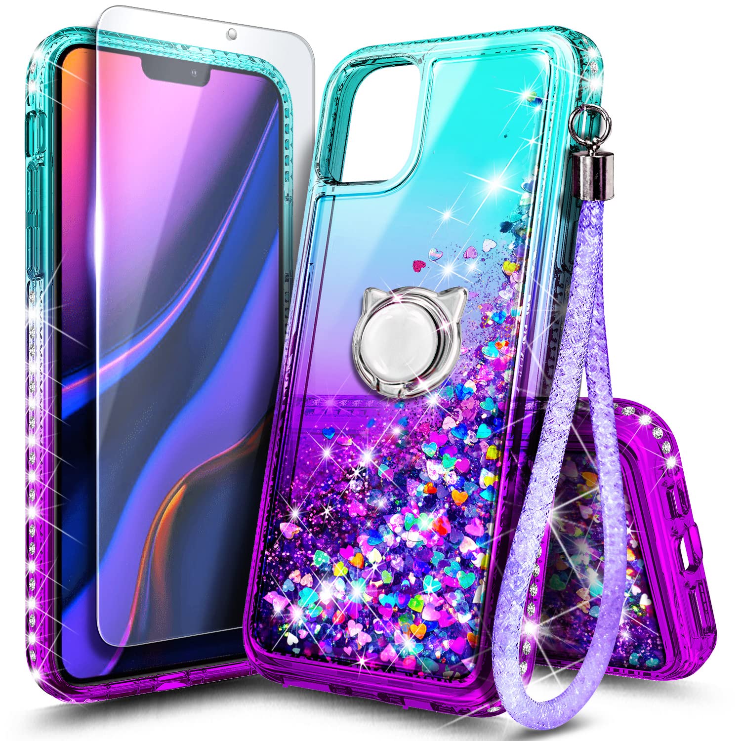 Ngb Compatible With Iphone 11 Pro Max Case With Tempered Glass Screen Protector, Ring Holder/Wrist Strap, Girls Women Liquid Bli