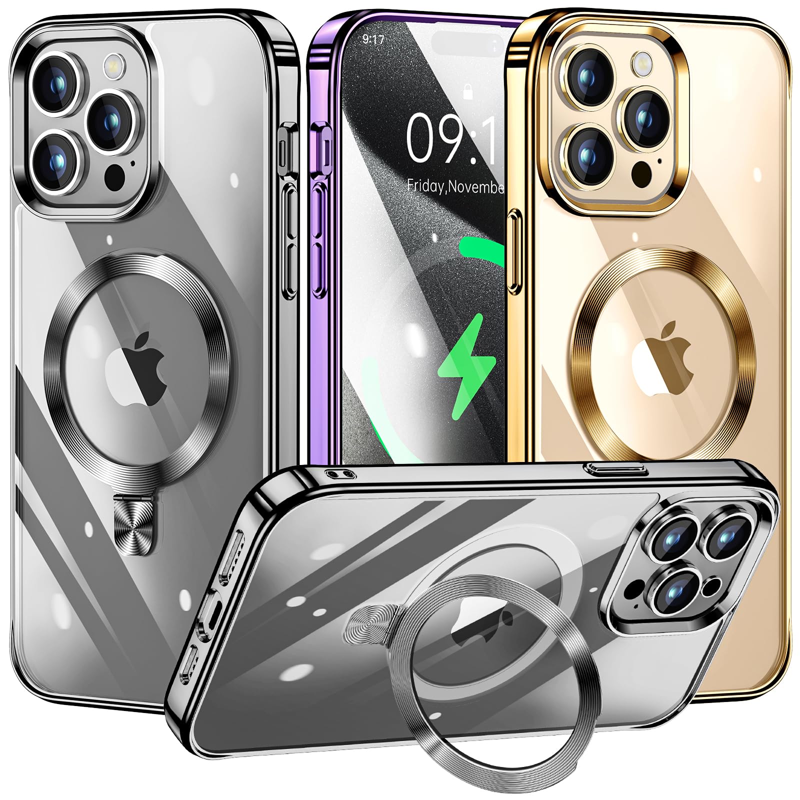 Tlikemiss [Cd Ring Compatible With Magsafe Invisible Stand] Magnetic For Iphone 15 Pro Case, [Electroplated Bumper Non Yellowing